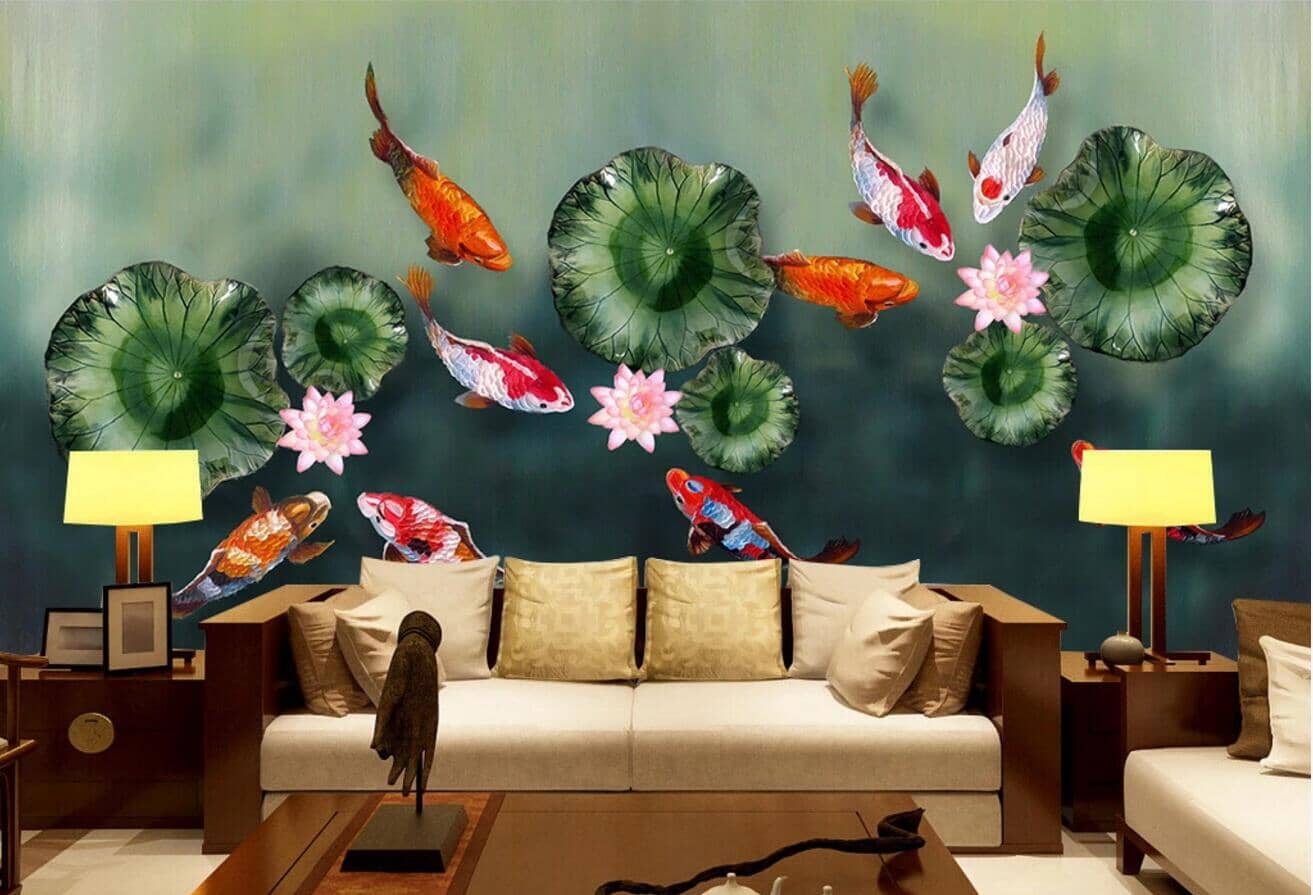 3D Lotus Leaf Goldfish WC377 Wall Murals Wallpaper AJ Wallpaper 2