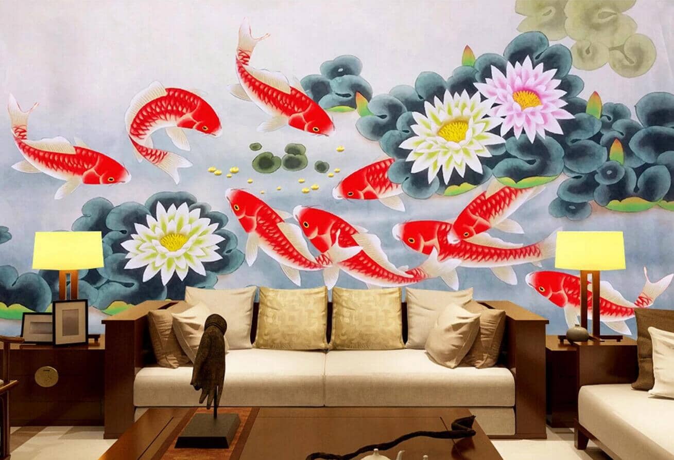 3D Lotus Goldfish WC376 Wall Murals Wallpaper AJ Wallpaper 2