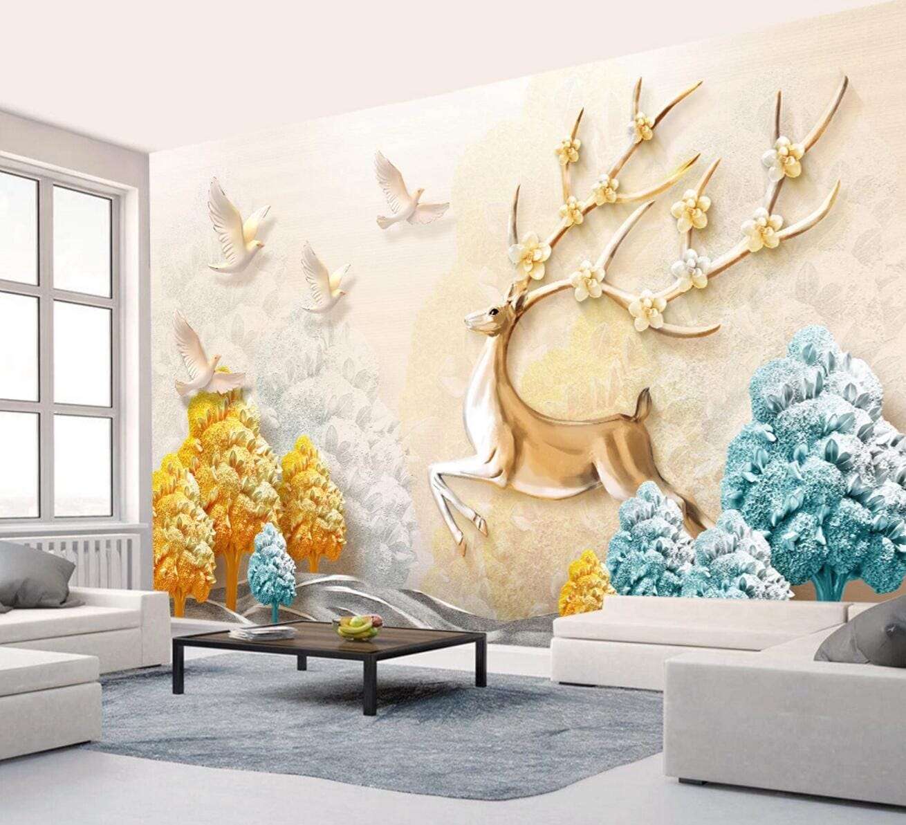 3D Golden Deer Flower WC428 Wall Murals Wallpaper AJ Wallpaper 2