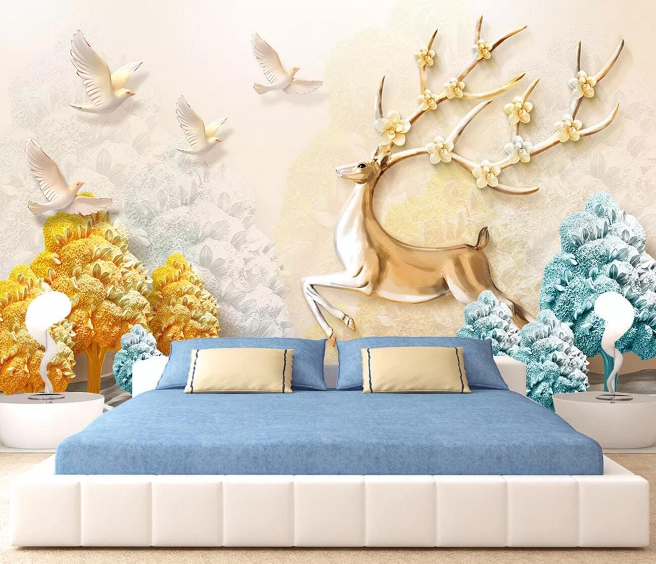 3D Golden Deer Flower WC428 Wall Murals Wallpaper AJ Wallpaper 2