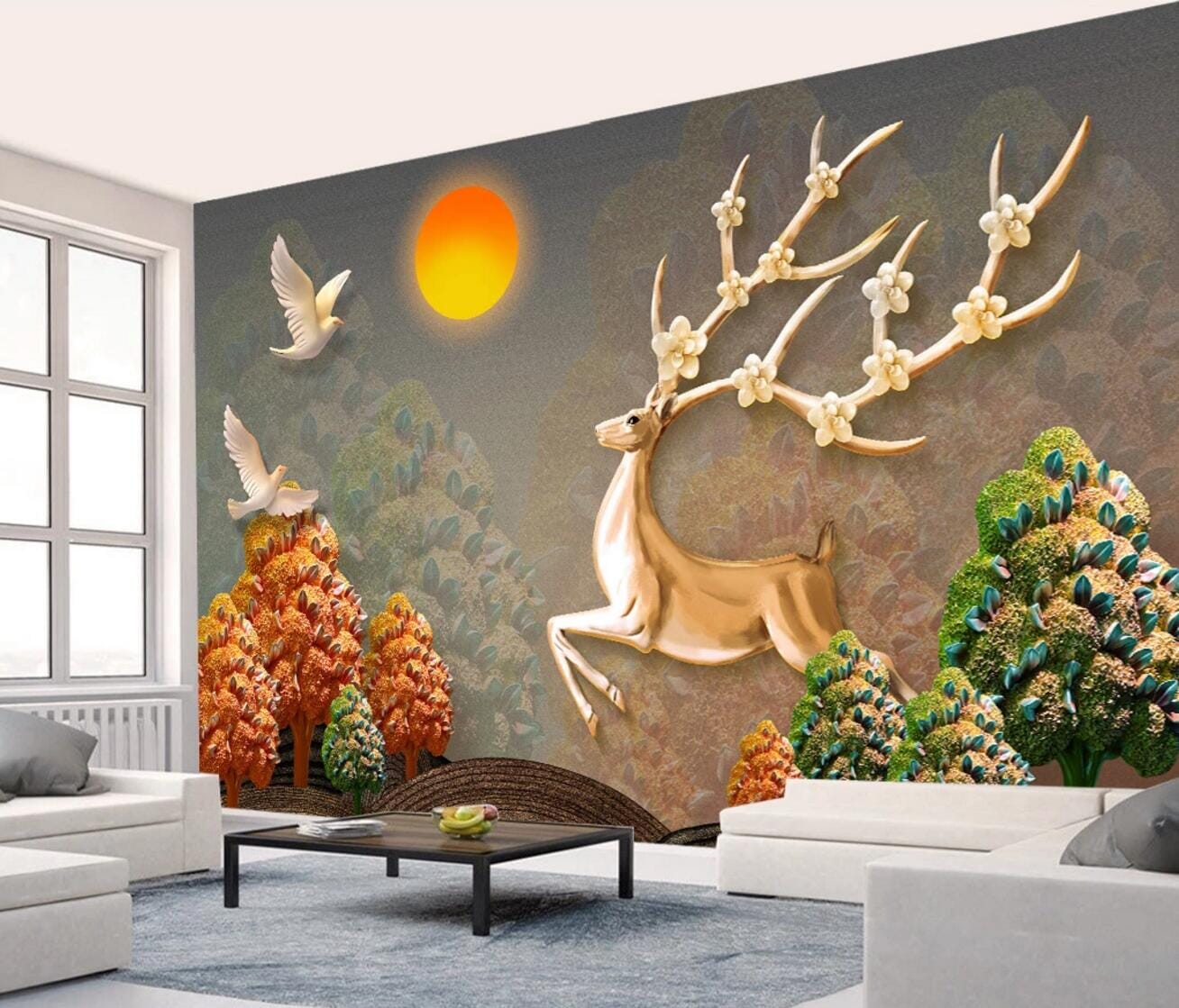 3D Golden Deer Dove WC427 Wall Murals Wallpaper AJ Wallpaper 2