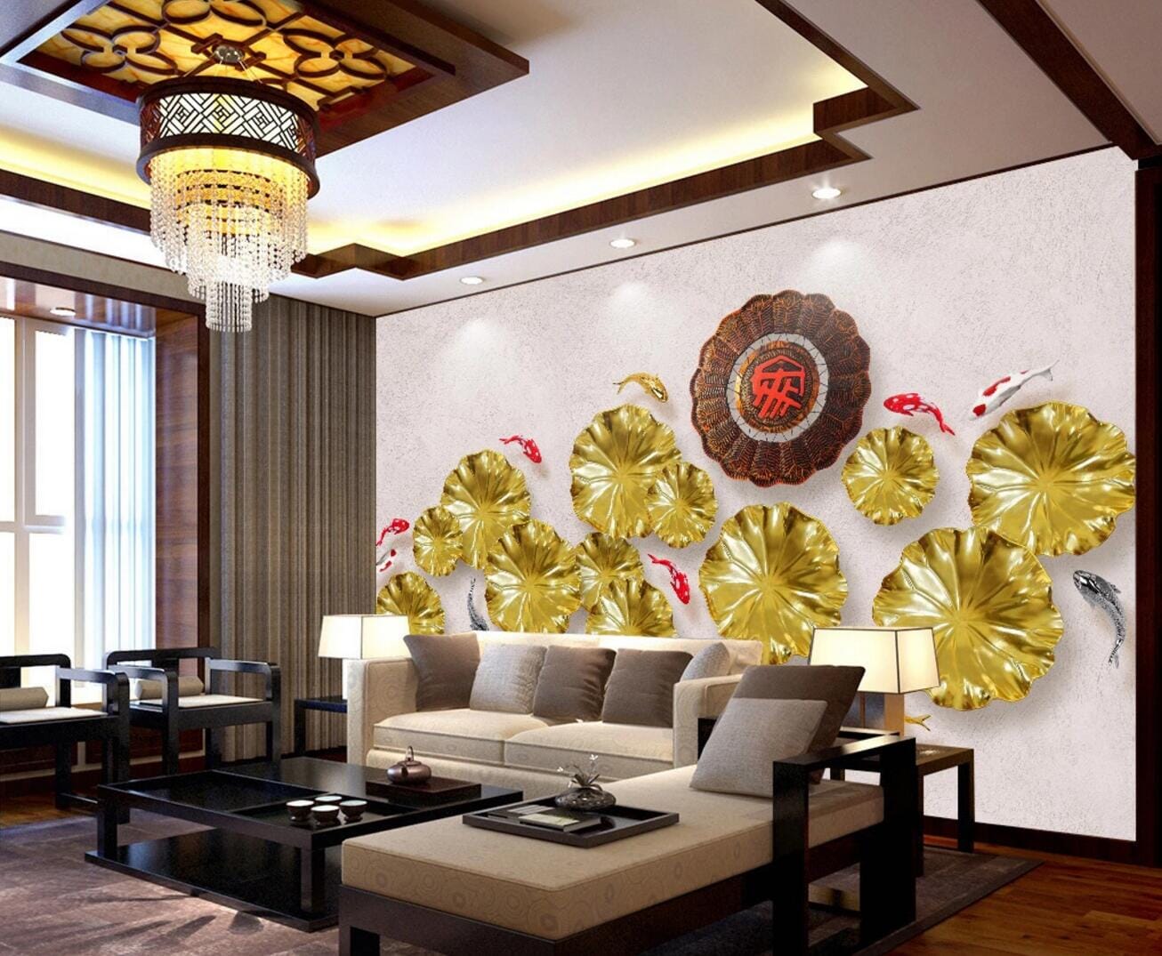 3D Golden Lotus Leaf WC407 Wall Murals Wallpaper AJ Wallpaper 2