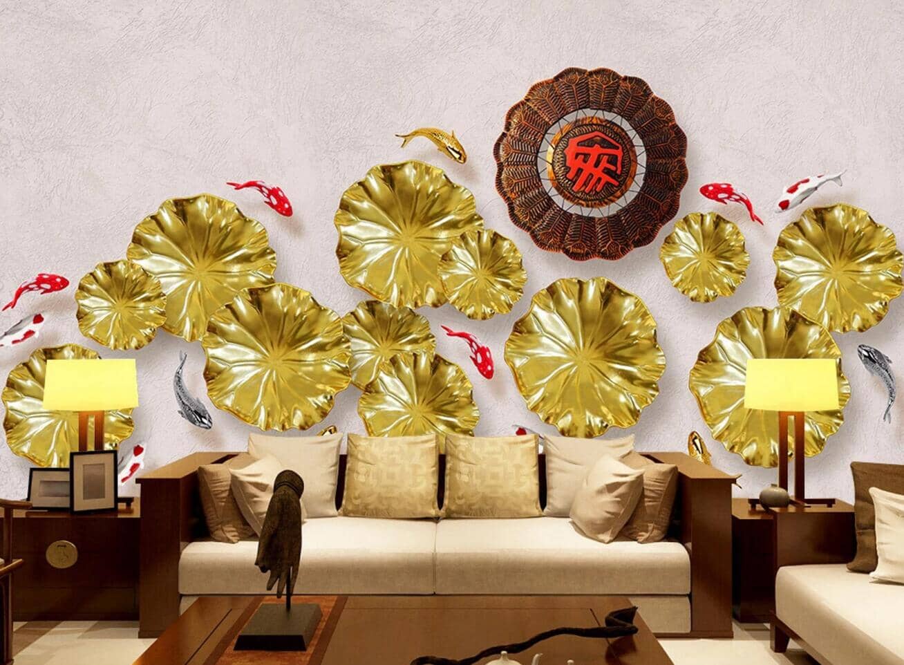 3D Golden Lotus Leaf WC407 Wall Murals Wallpaper AJ Wallpaper 2