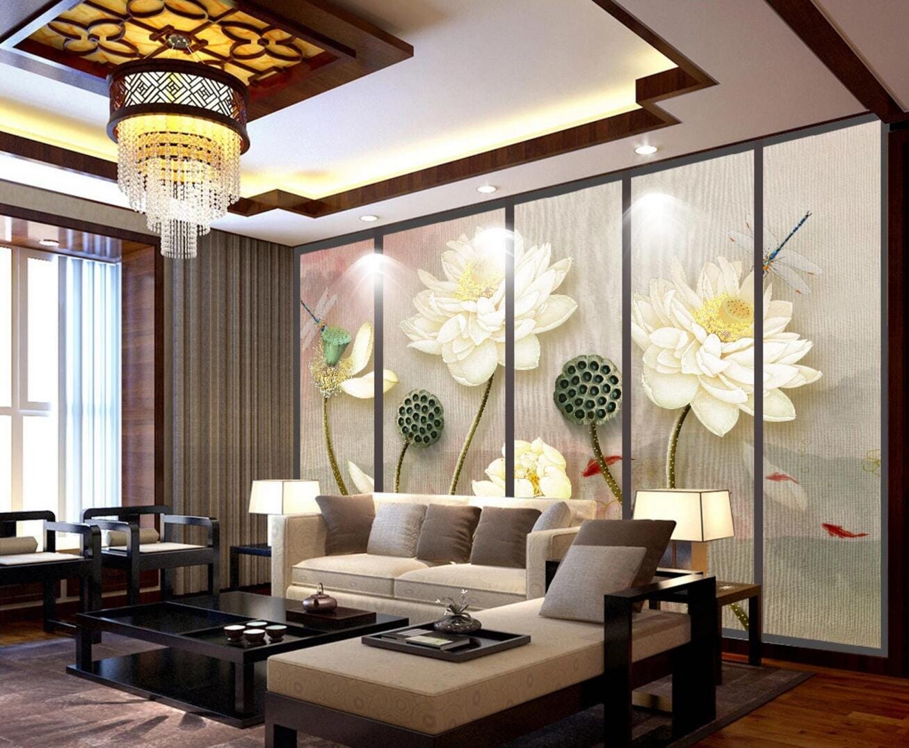 3D Lotus Dragonfly Koi WC471 Wall Murals Wallpaper AJ Wallpaper 2