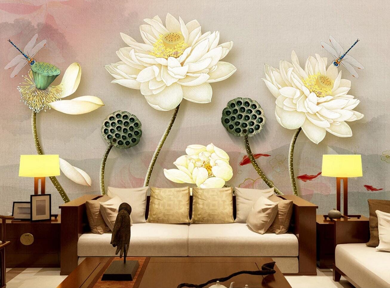 3D Lotus Dragonfly Koi WC471 Wall Murals Wallpaper AJ Wallpaper 2