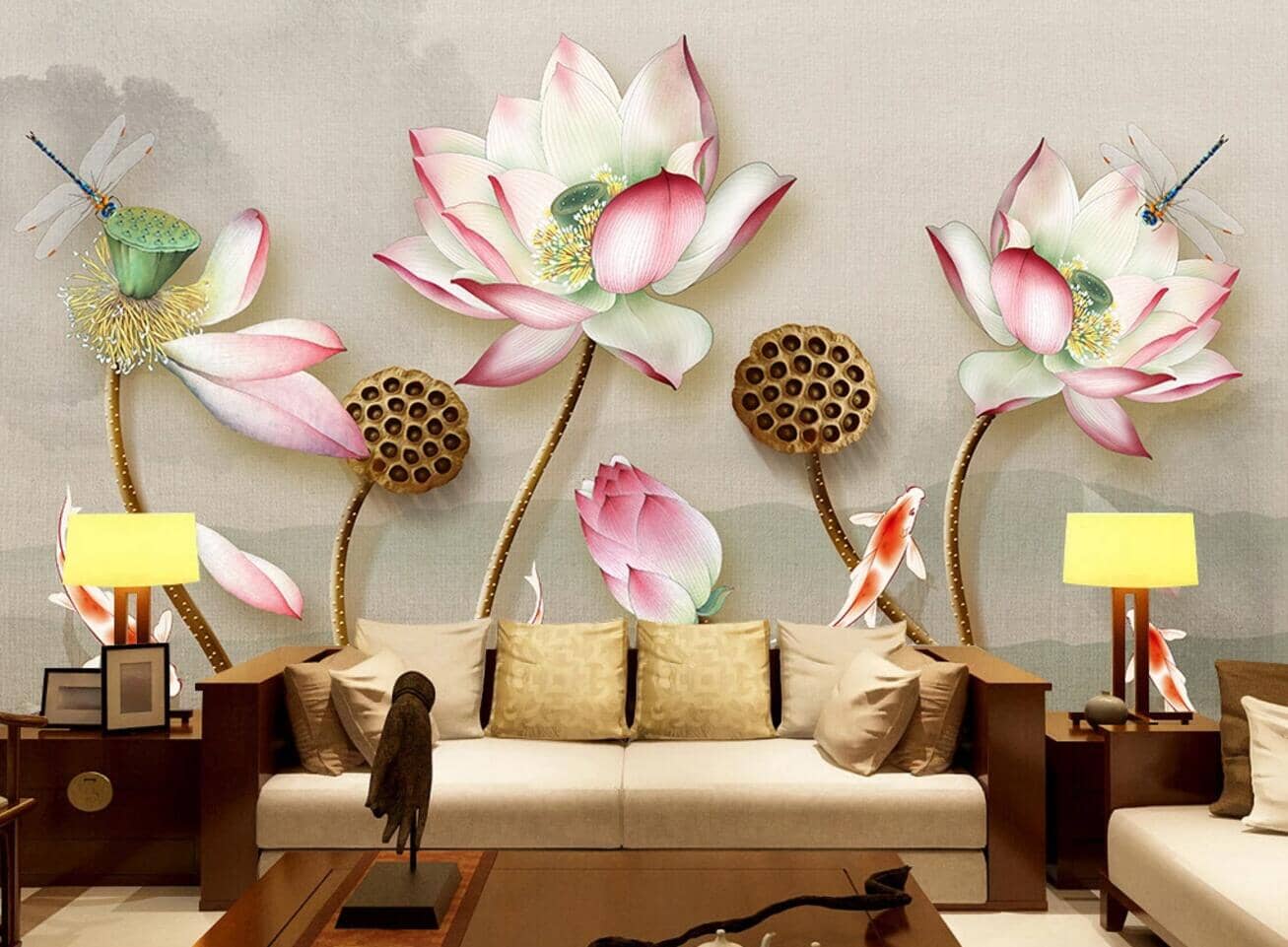 3D Lotus Dragonfly WC470 Wall Murals Wallpaper AJ Wallpaper 2