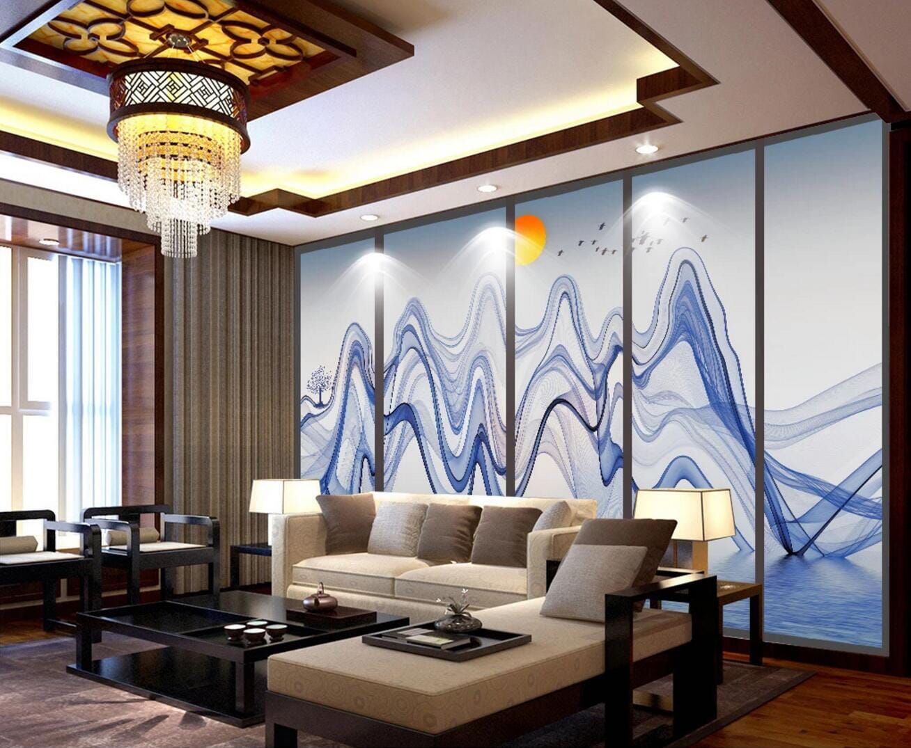 3D Sun Blue Tree WC459 Wall Murals Wallpaper AJ Wallpaper 2