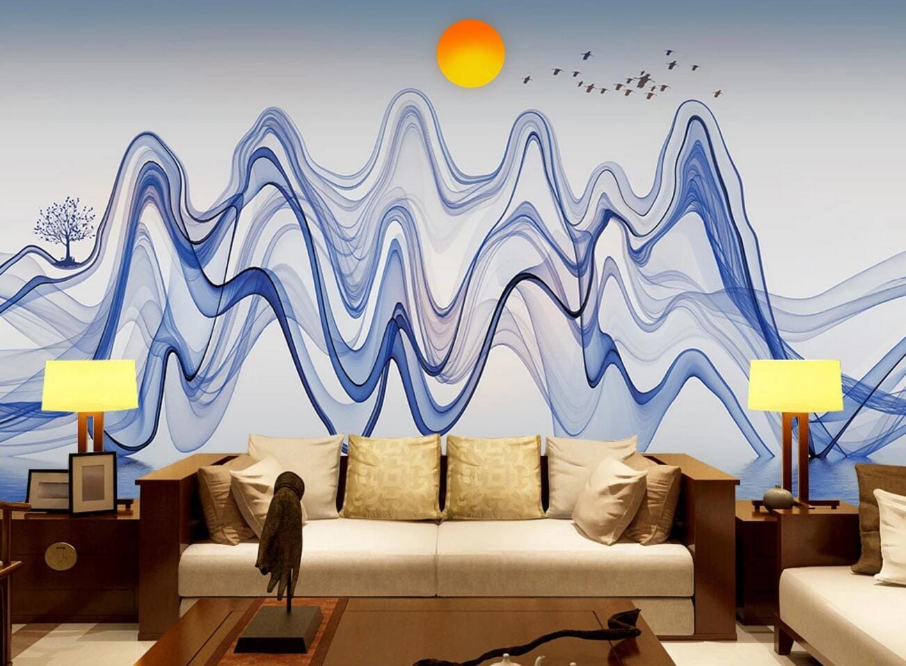 3D Sun Blue Tree WC459 Wall Murals Wallpaper AJ Wallpaper 2