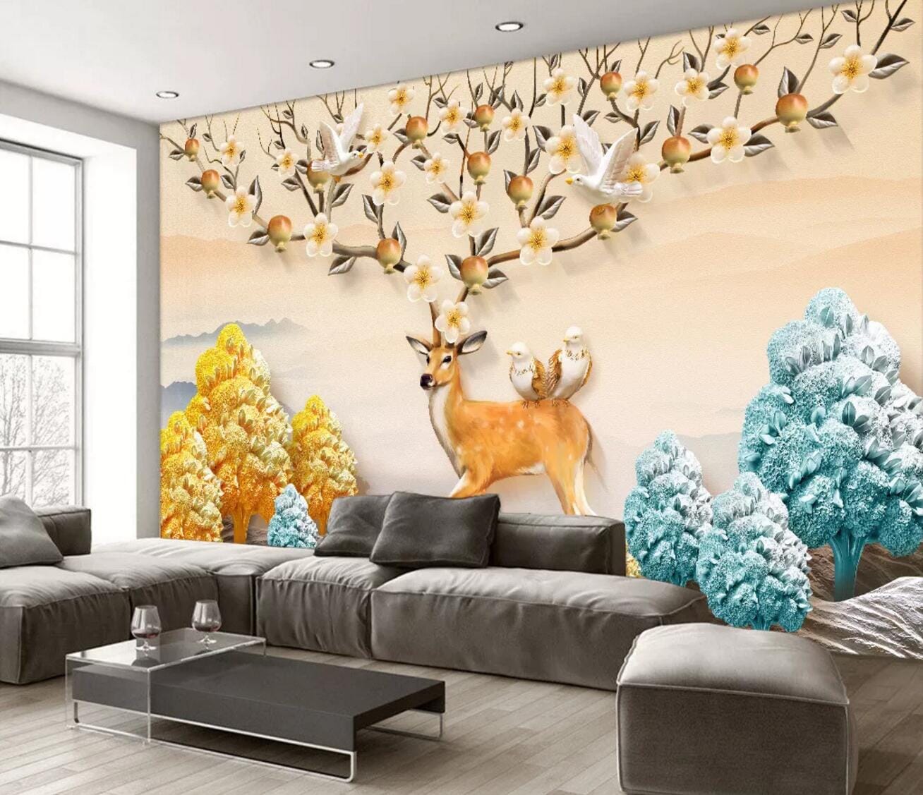 3D Golden Deer Bird WC430 Wall Murals Wallpaper AJ Wallpaper 2