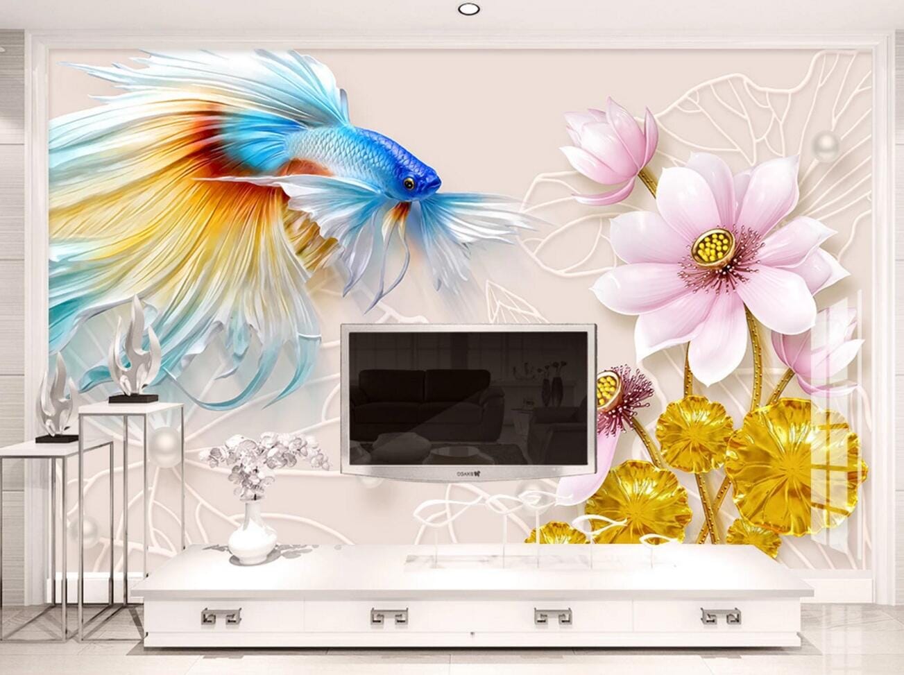 3D Color Koi Lotus WC500 Wall Murals Wallpaper AJ Wallpaper 2