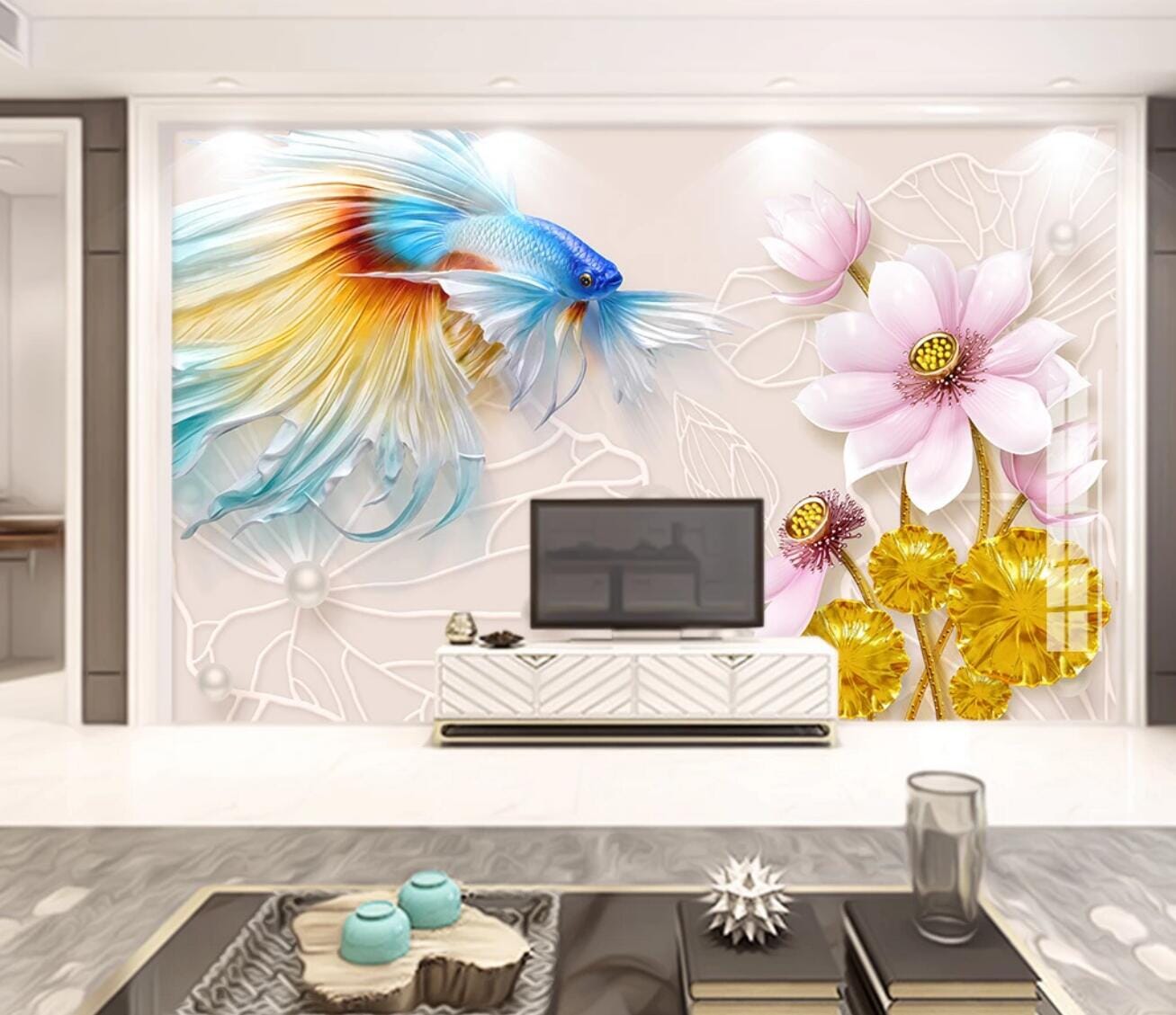 3D Color Koi Lotus WC500 Wall Murals Wallpaper AJ Wallpaper 2