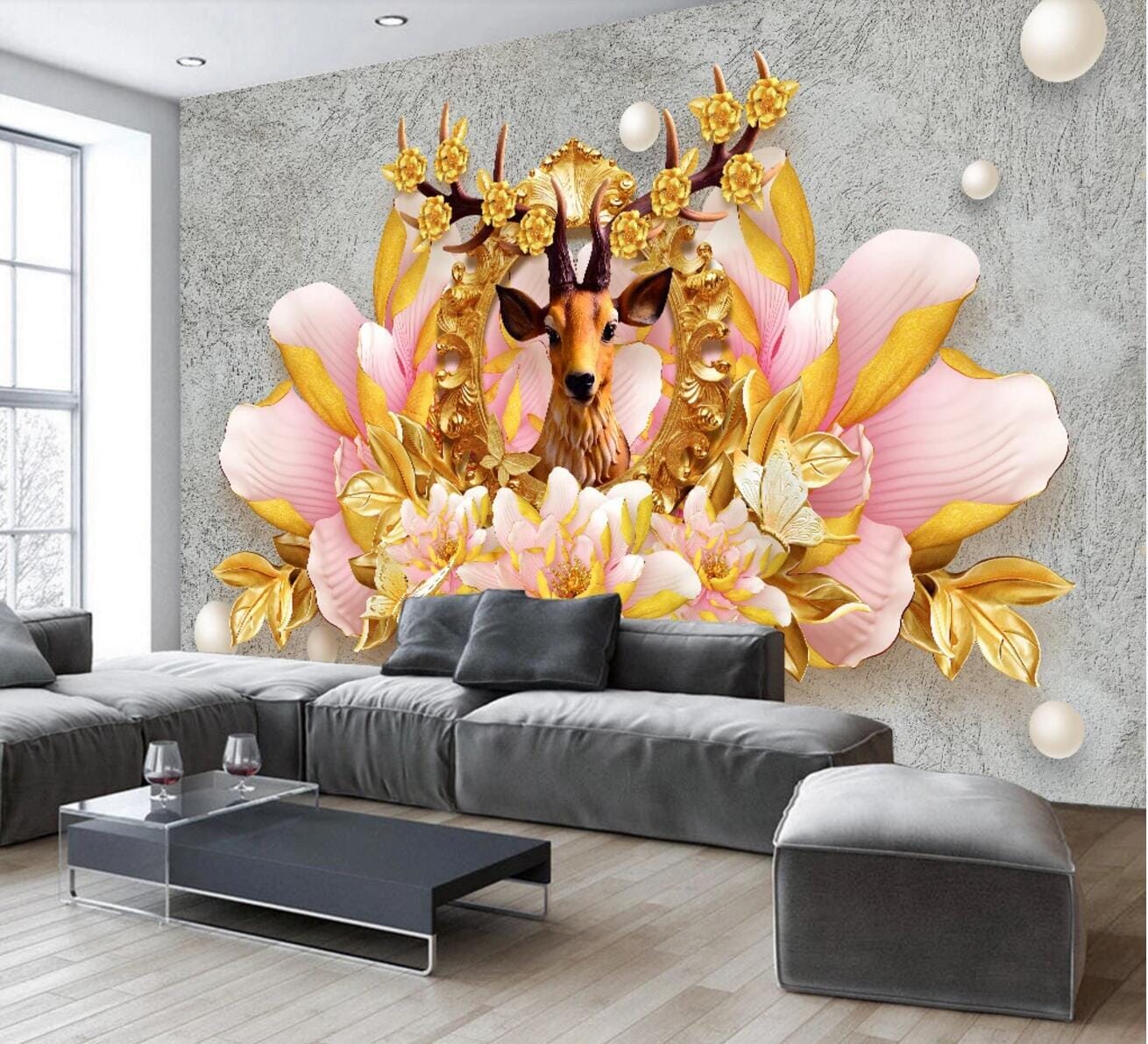 3D Peony Deer WC675 Wall Murals Wallpaper AJ Wallpaper 2