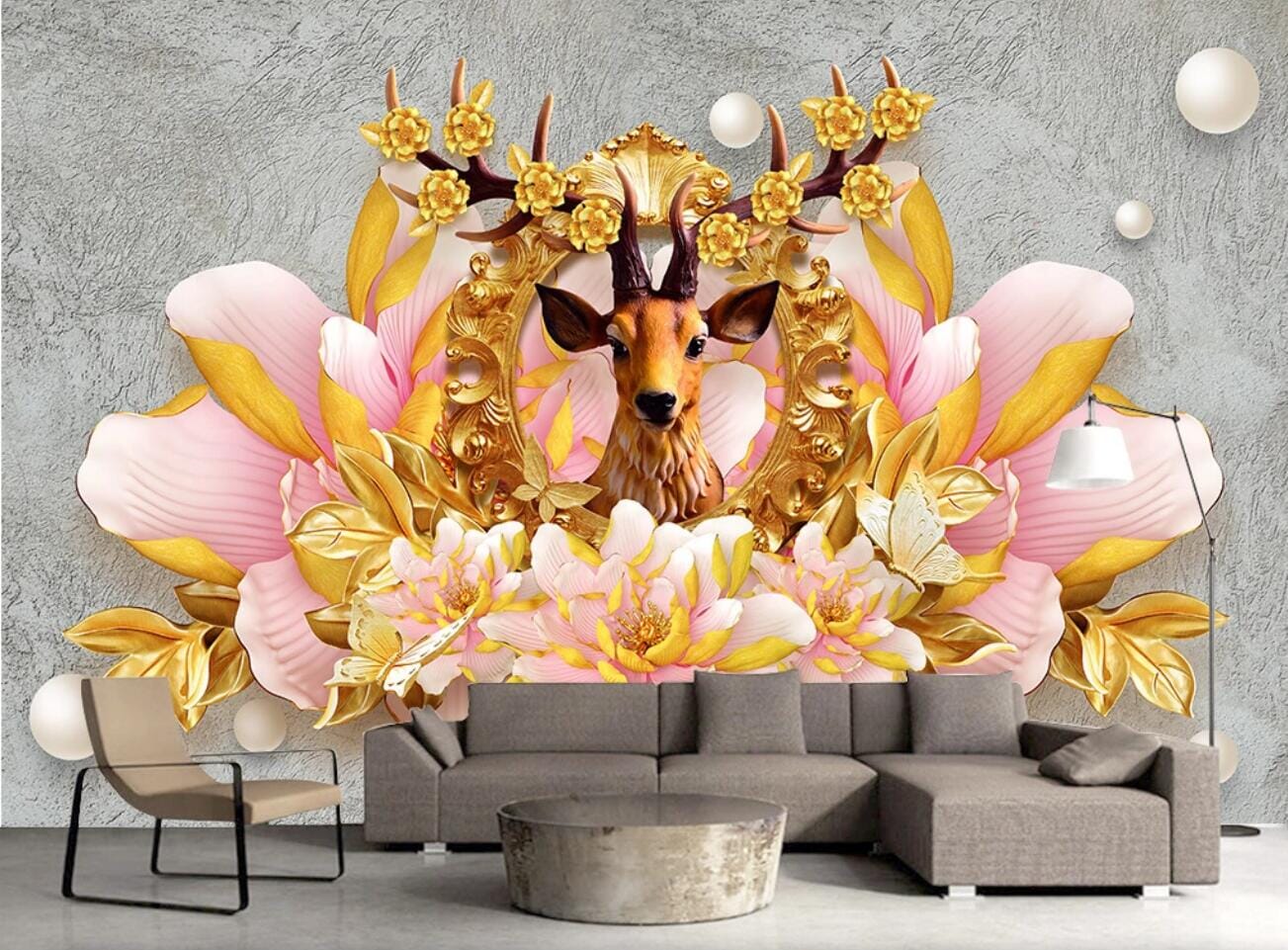 3D Peony Deer WC675 Wall Murals Wallpaper AJ Wallpaper 2