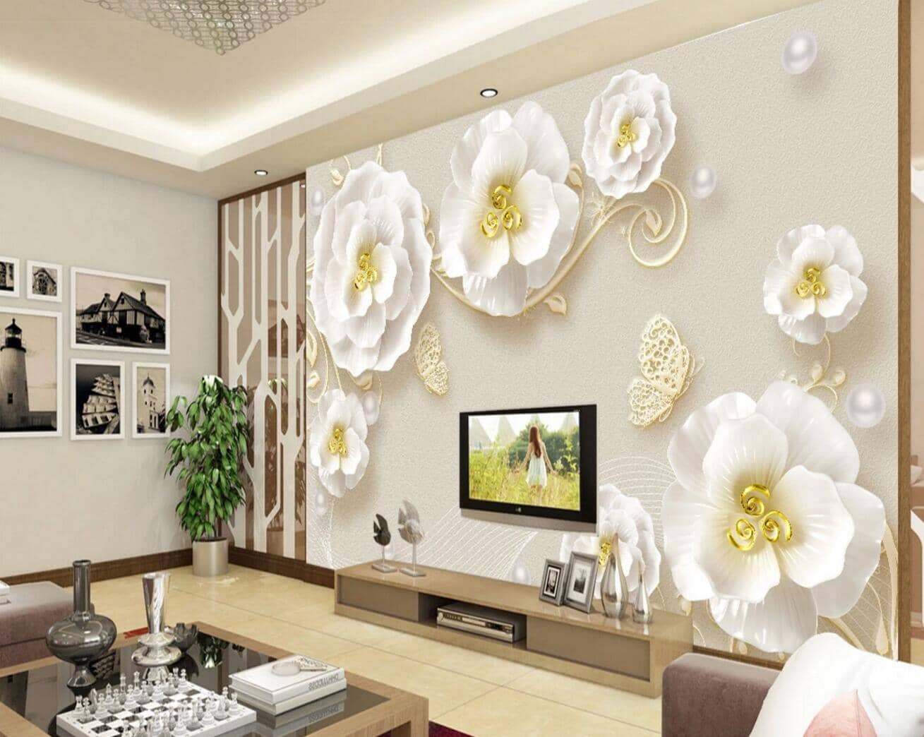 3D Yellow Flower Pearl WC744 Wall Murals Wallpaper AJ Wallpaper 2