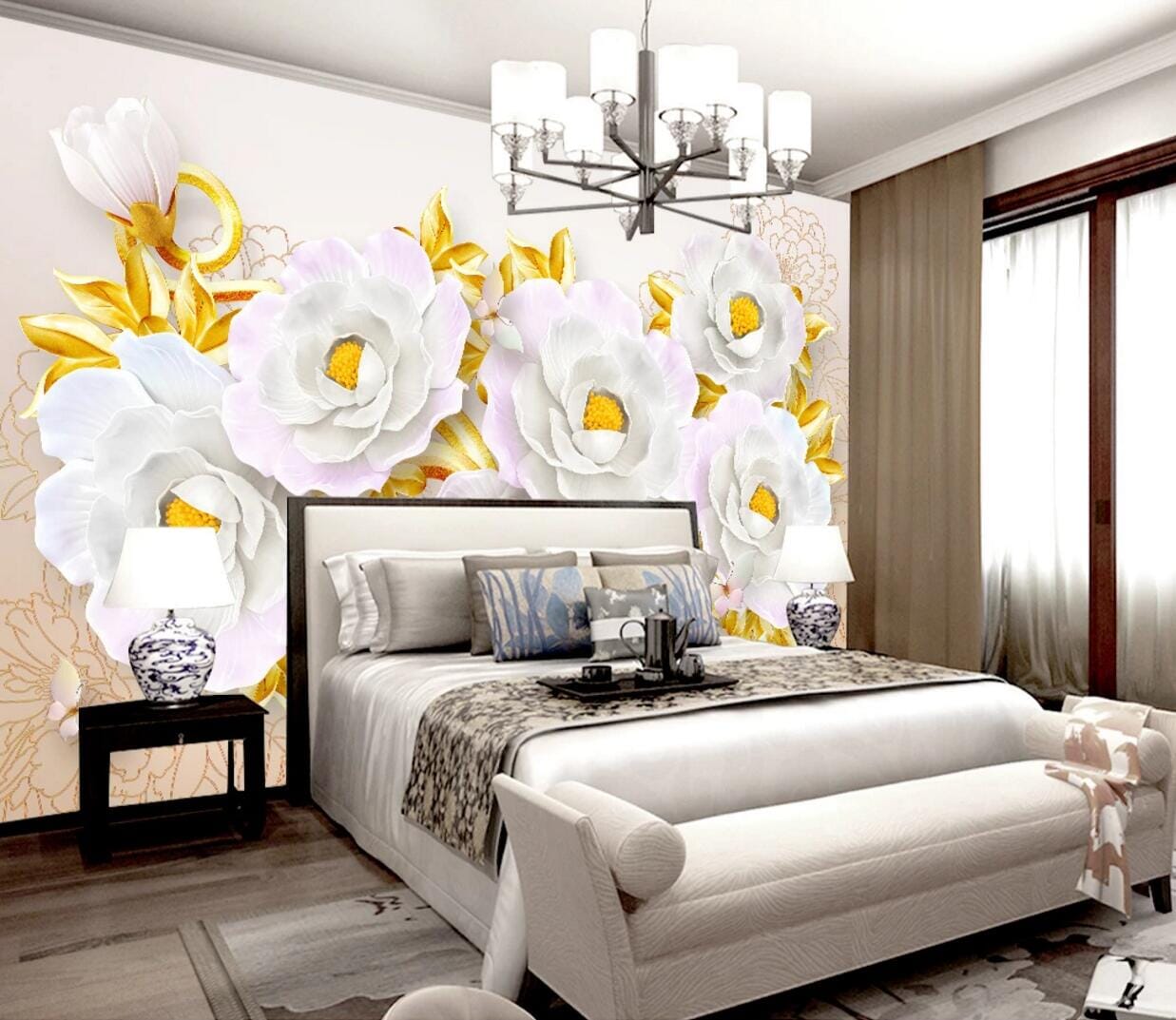 3D Golden Leaves Flower WC730 Wall Murals Wallpaper AJ Wallpaper 2