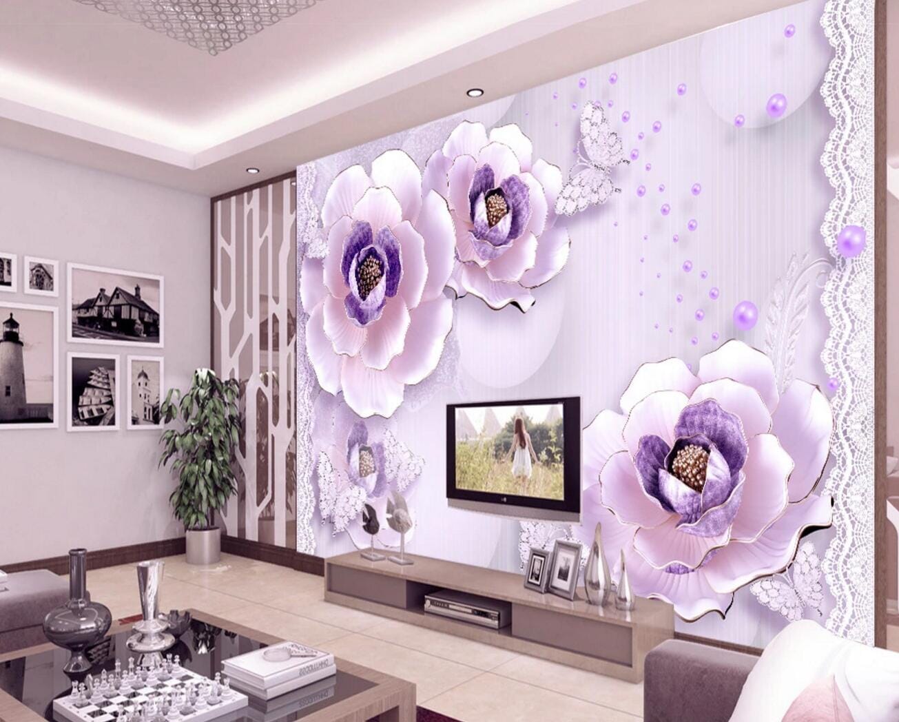 3D Purple Pearl Flower WC728 Wall Murals Wallpaper AJ Wallpaper 2