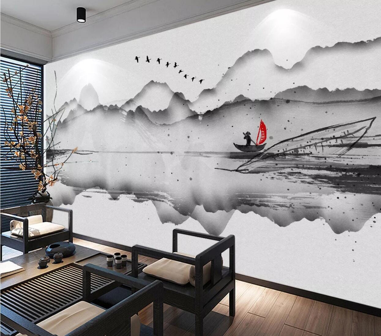 3D Ink Mountain Boat WC708 Wall Murals Wallpaper AJ Wallpaper 2