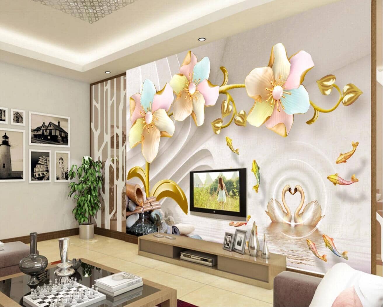 3D Swan Goldfish WC693 Wall Murals Wallpaper AJ Wallpaper 2