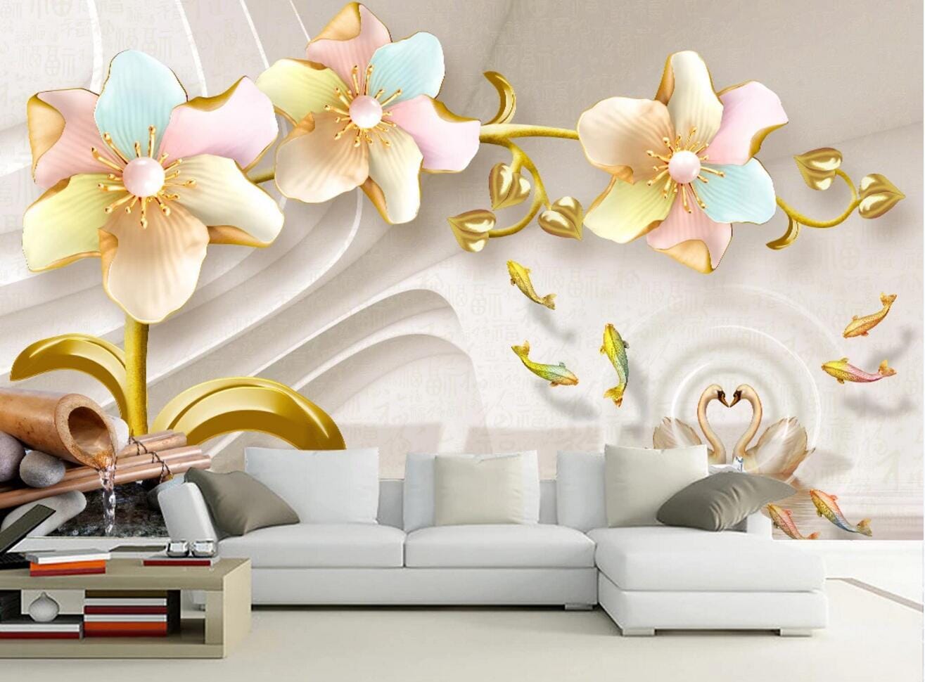 3D Swan Goldfish WC693 Wall Murals Wallpaper AJ Wallpaper 2