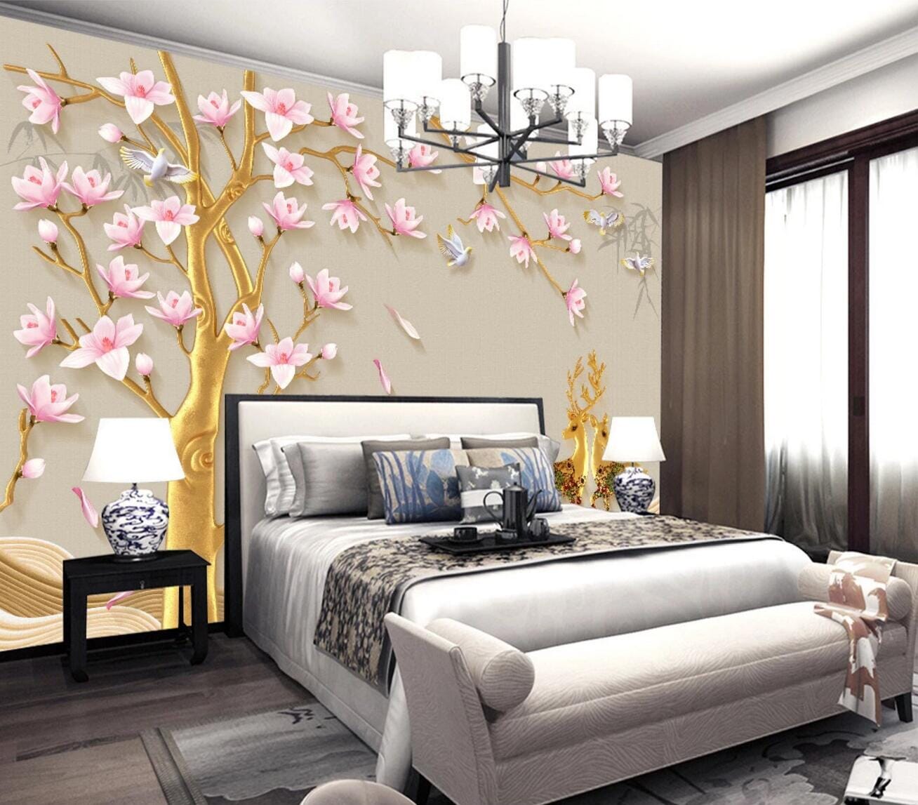 3D Plum Golden Deer WC876 Wall Murals Wallpaper AJ Wallpaper 2