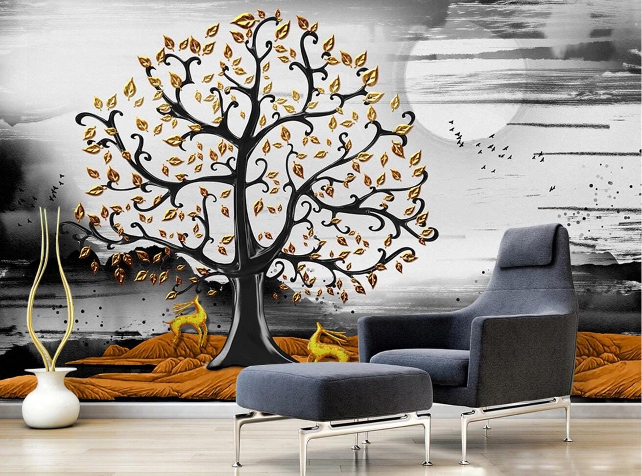 3D Moon Golden Tree WC1061 Wall Murals Wallpaper AJ Wallpaper 2