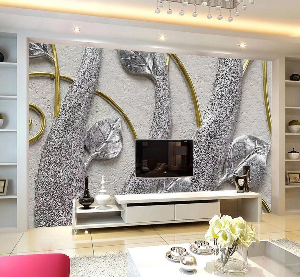 3D Silver Leaf WC842 Wall Murals Wallpaper AJ Wallpaper 2