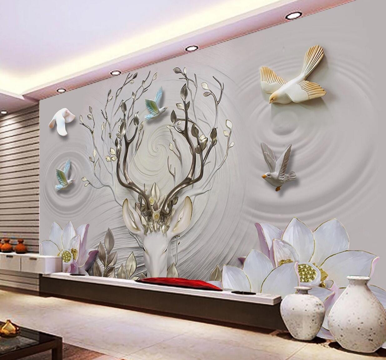 3D Dove Lotus Deer WC634 Wall Murals Wallpaper AJ Wallpaper 2