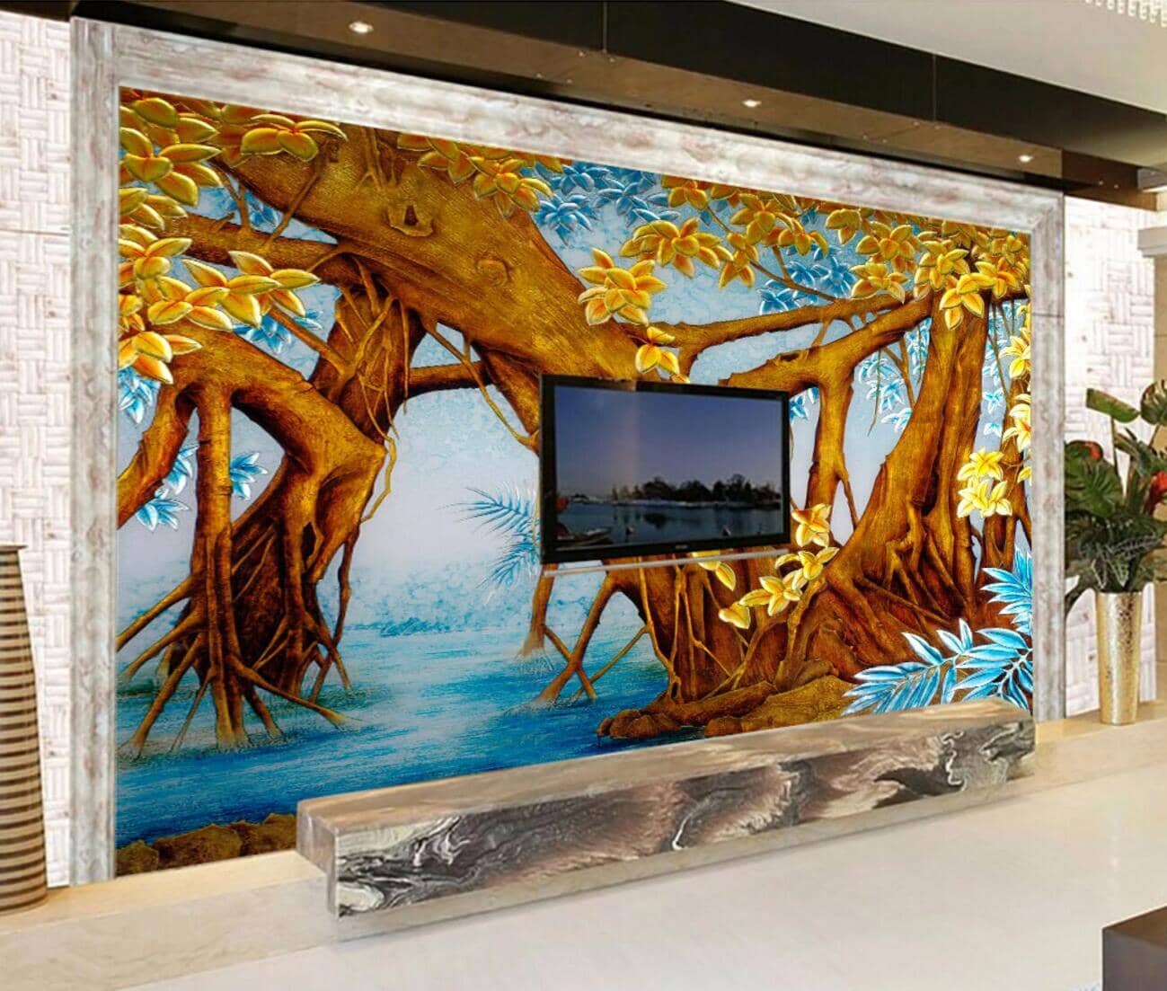 3D Yellow Flower Tree WC118 Wall Murals Wallpaper AJ Wallpaper 2