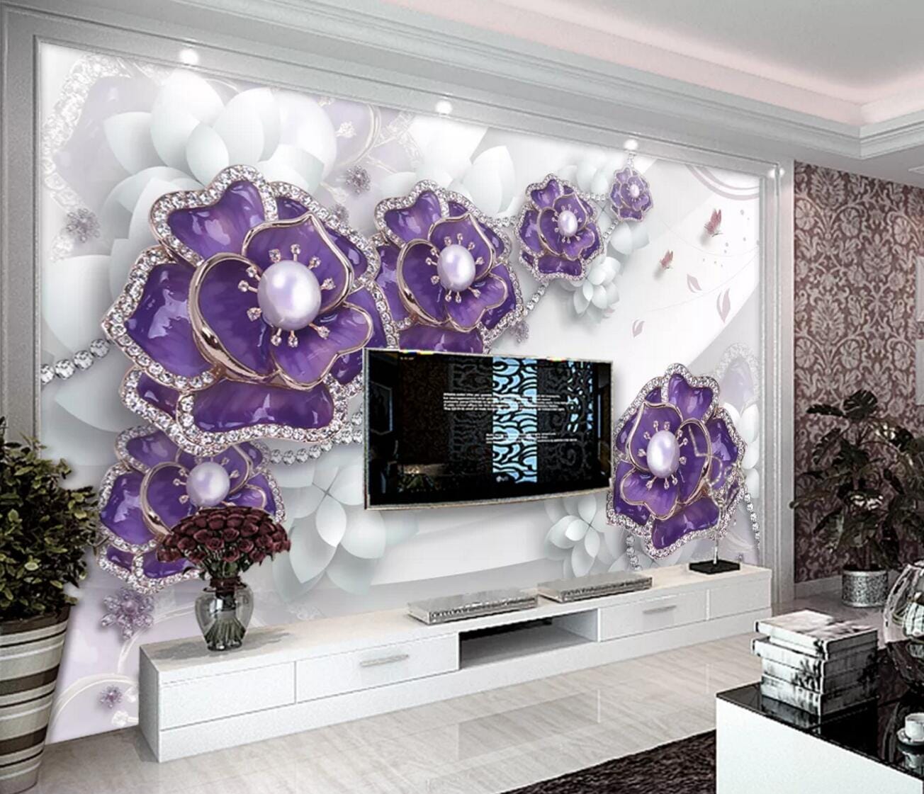 3D Purple Pearl Flower WC384 Wall Murals Wallpaper AJ Wallpaper 2