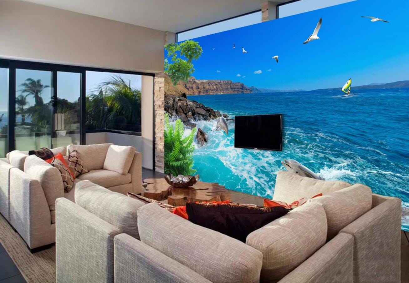 3D Seagull Stone Dolphin WC307 Wall Murals Wallpaper AJ Wallpaper 2