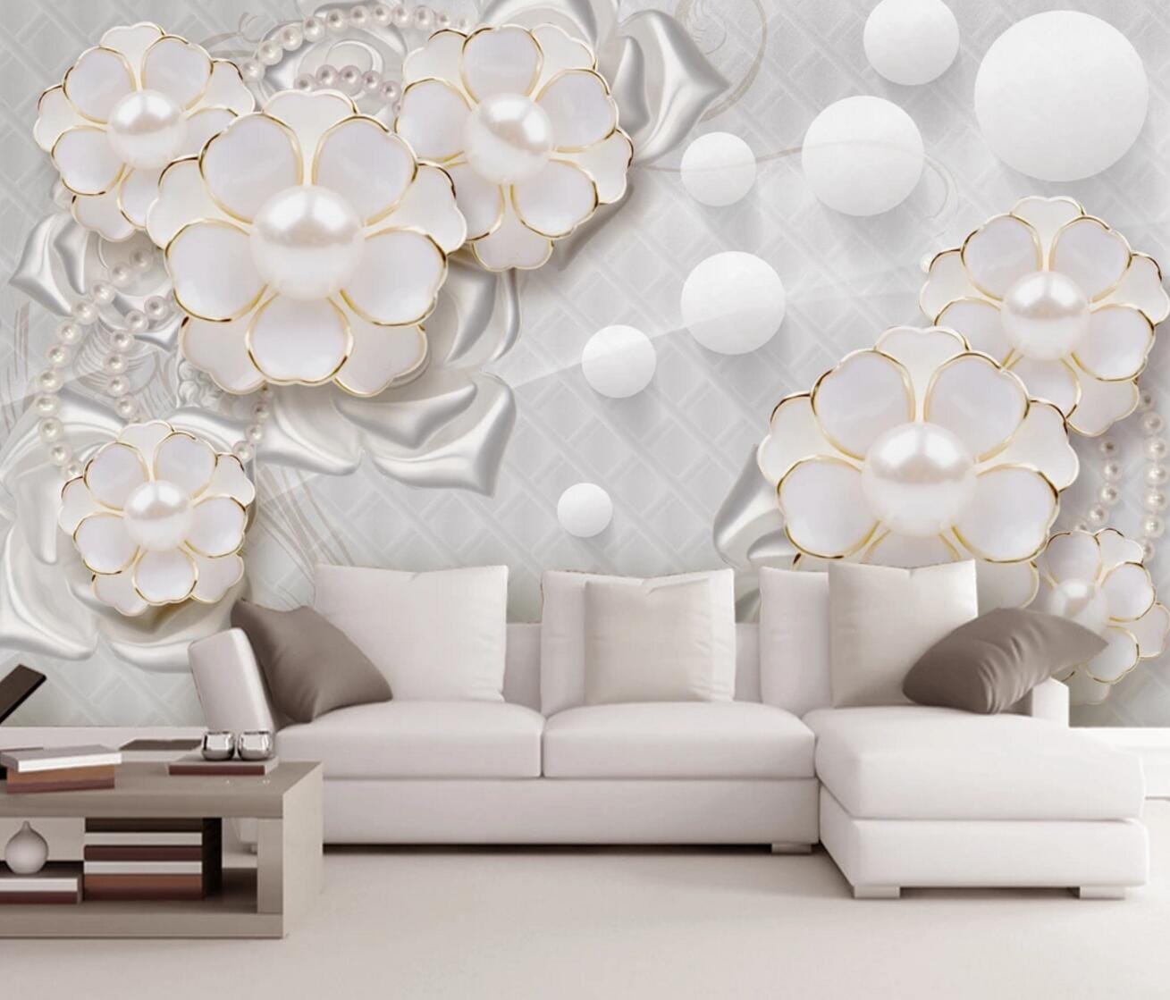 3D White Pearl Flower WC283 Wall Murals Wallpaper AJ Wallpaper 2
