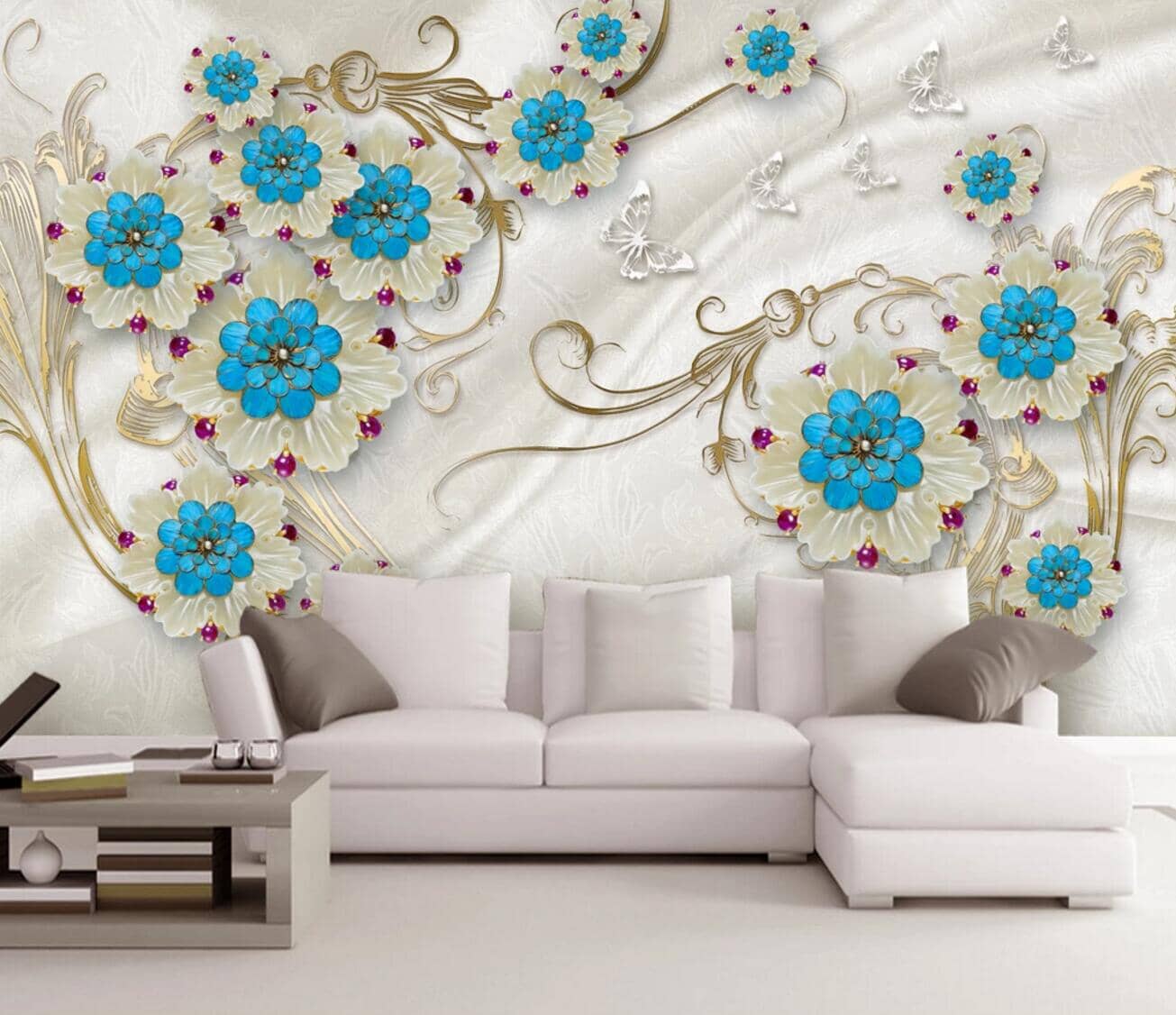 3D Blue Flower Jewelry WC267 Wall Murals Wallpaper AJ Wallpaper 2