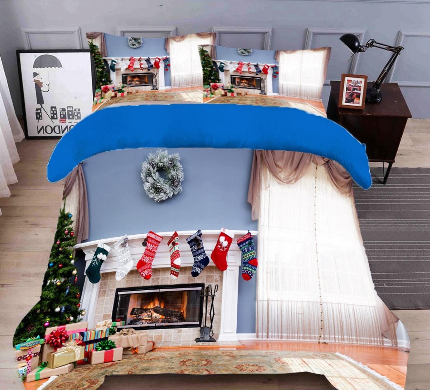 3D Sock Fireplace 45108 Christmas Quilt Duvet Cover Xmas Bed Pillowcases