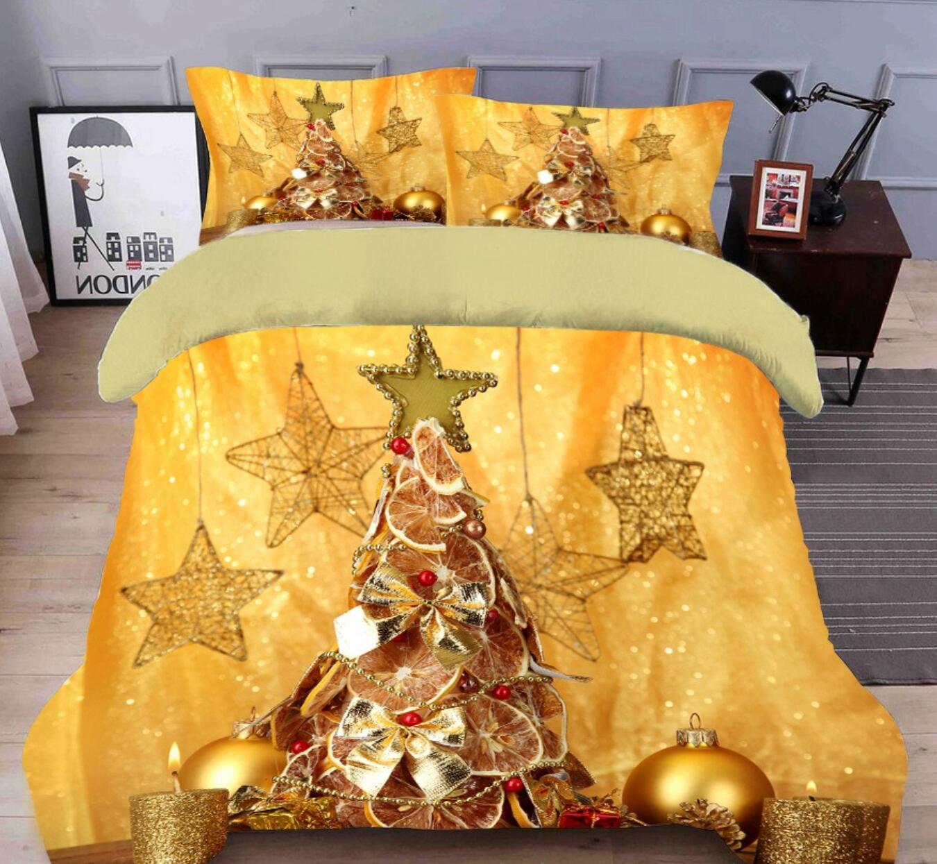 3D Golden Tree Five-Pointed Star 45145 Christmas Quilt Duvet Cover Xmas Bed Pillowcases
