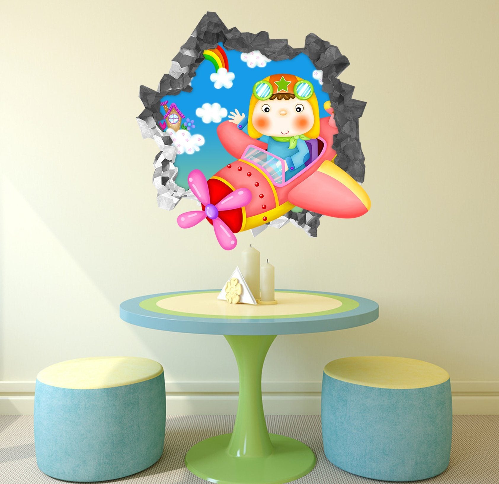 3D Cute Pilot 86 Broken Wall Murals Wallpaper AJ Wallpaper