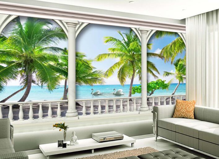 3D Fence Coconut Tree Ocean Wallpaper AJ Wallpaper 1