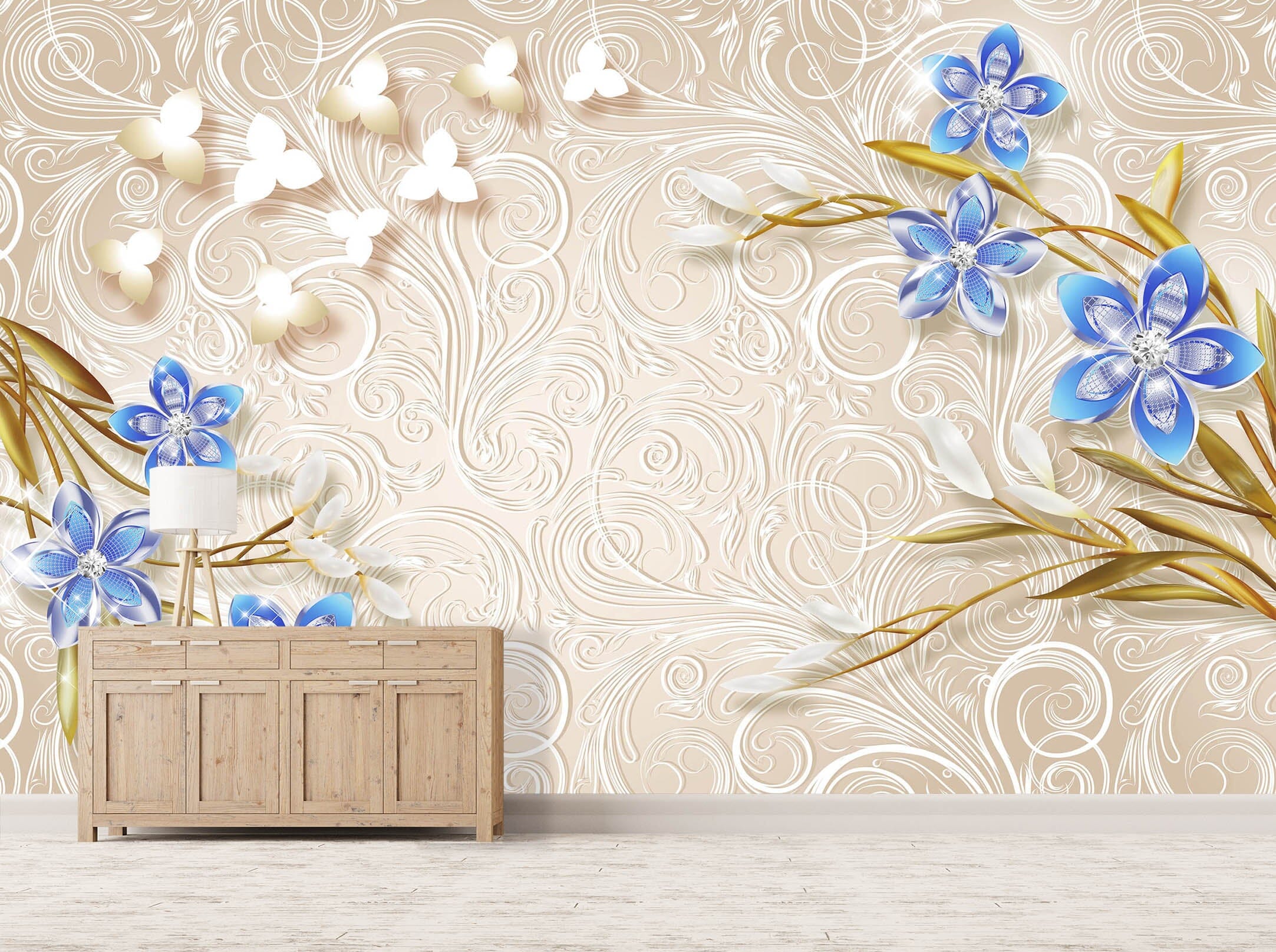 3D Blue Flowers 1480 Wall Murals Wallpaper AJ Wallpaper 2