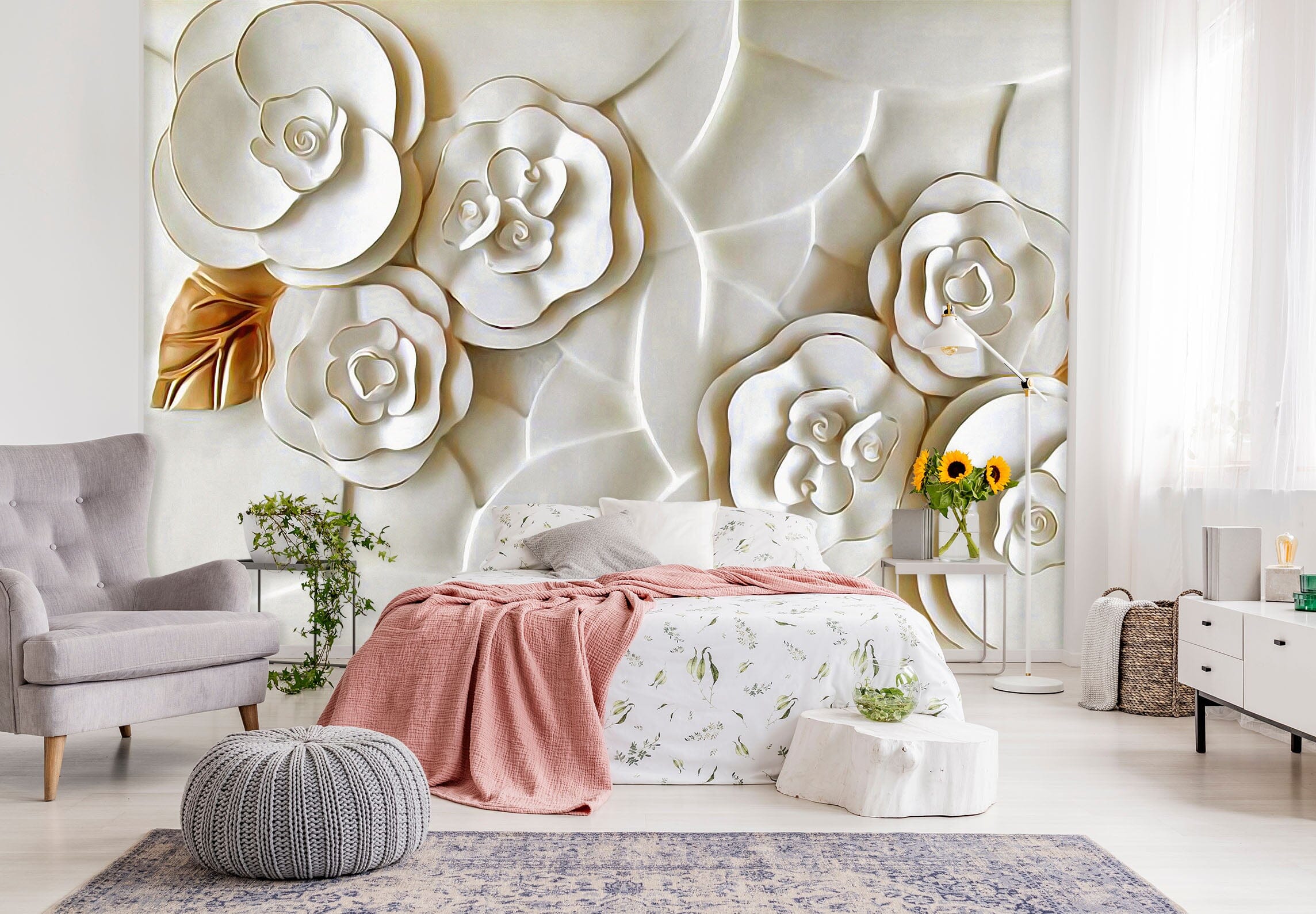 3D Embossed White Flower 145 Wall Murals Wallpaper AJ Wallpaper 2