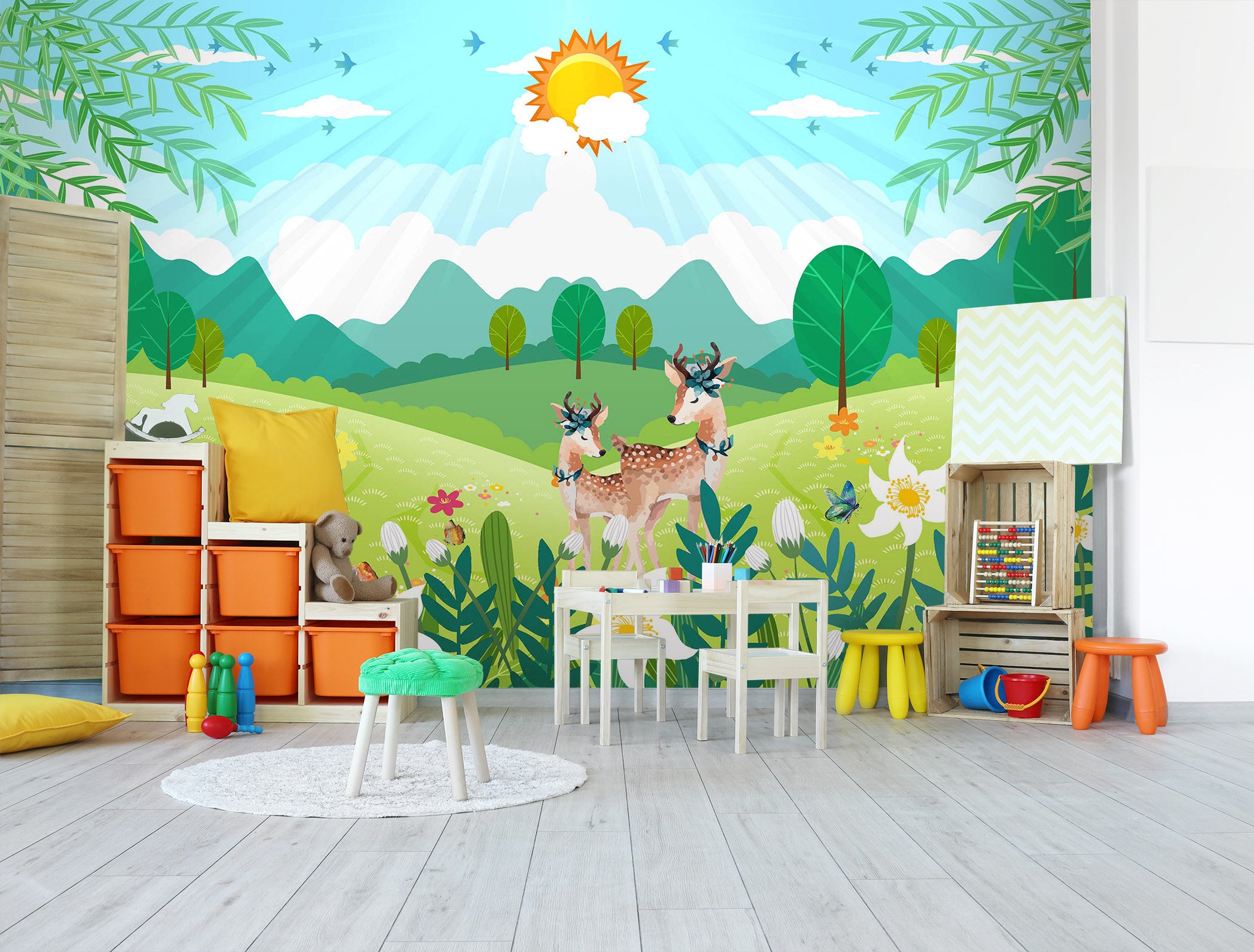 3D Sun Deer Grass 270 Wall Murals