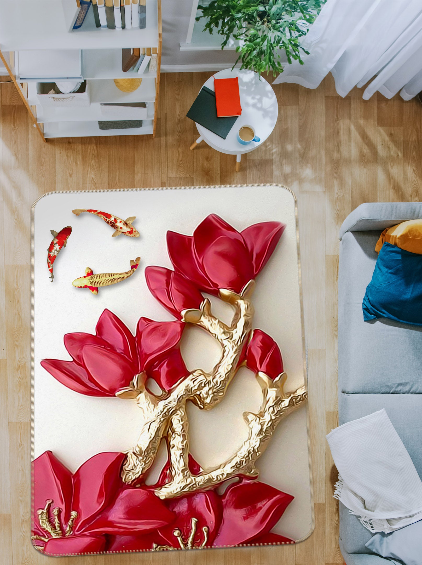 3D Red Flower Fish 32105 Non Slip Rug Mat