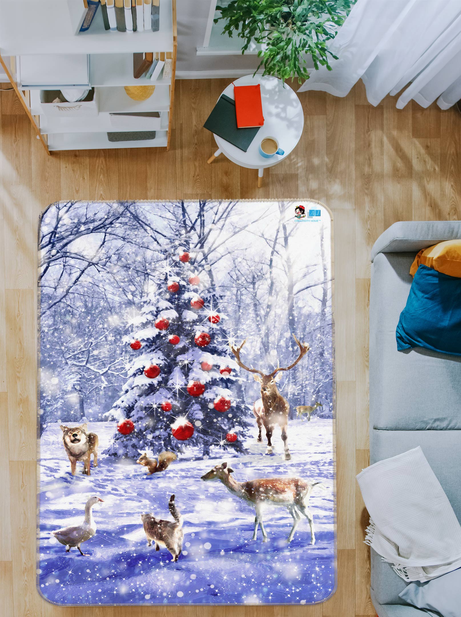 3D Snow Tree Deer 55038 Christmas Non Slip Rug Mat Xmas