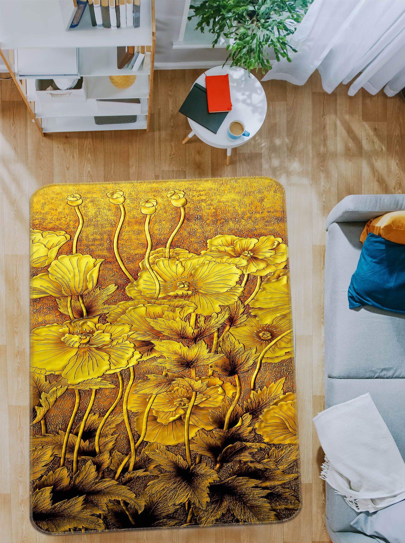3D Golden Flower Bush 32220 Non Slip Rug Mat