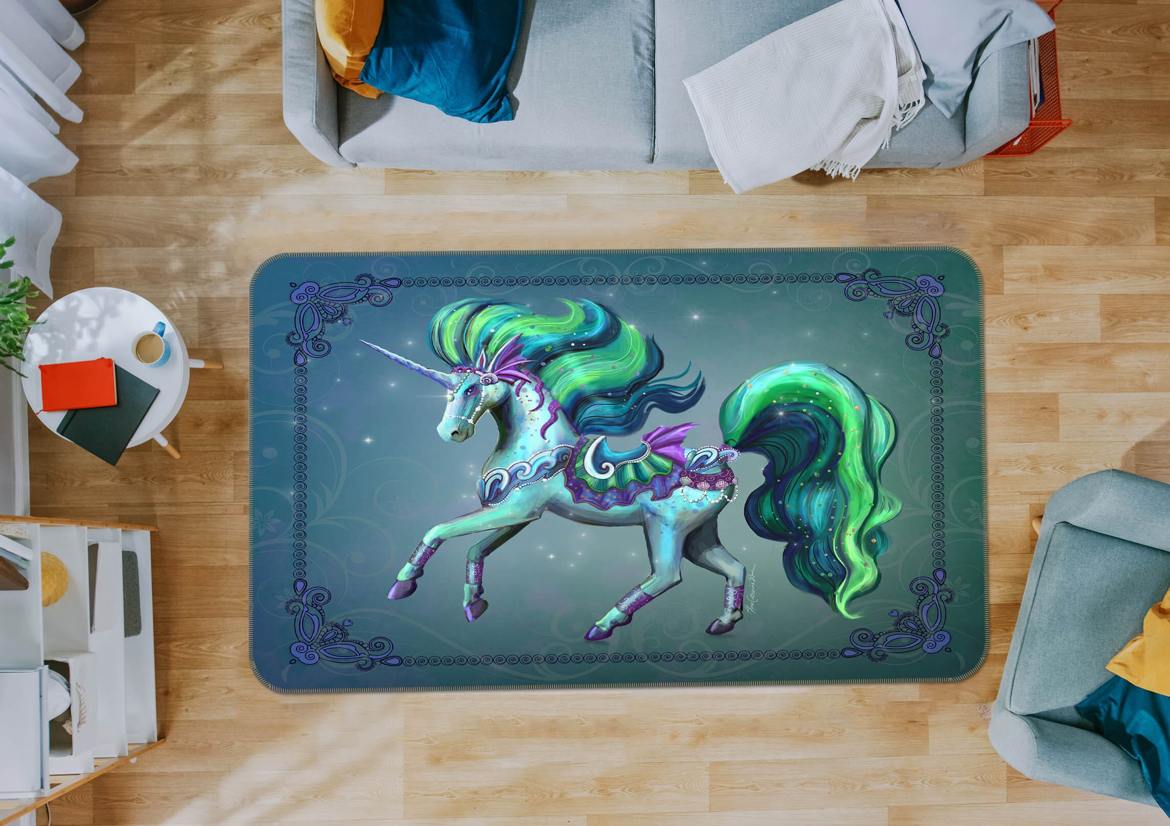 3D Green Unicorn 3015 Rose Catherine Khan Rug Non Slip Rug Mat Mat AJ Creativity Home