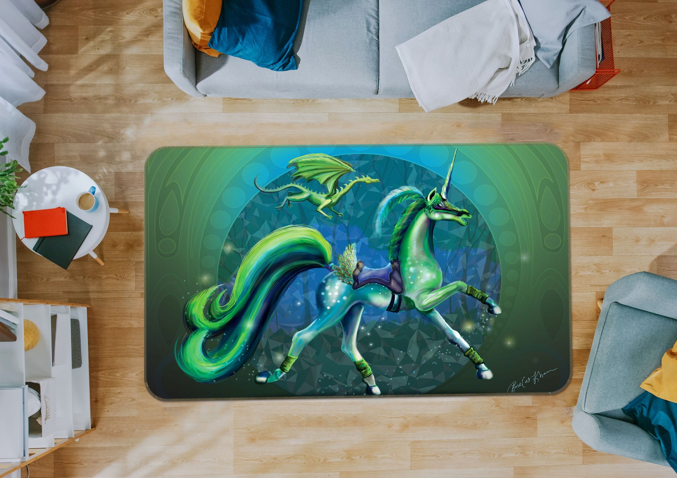 3D Green Unicorn 3020 Rose Catherine Khan Rug Non Slip Rug Mat Mat AJ Creativity Home