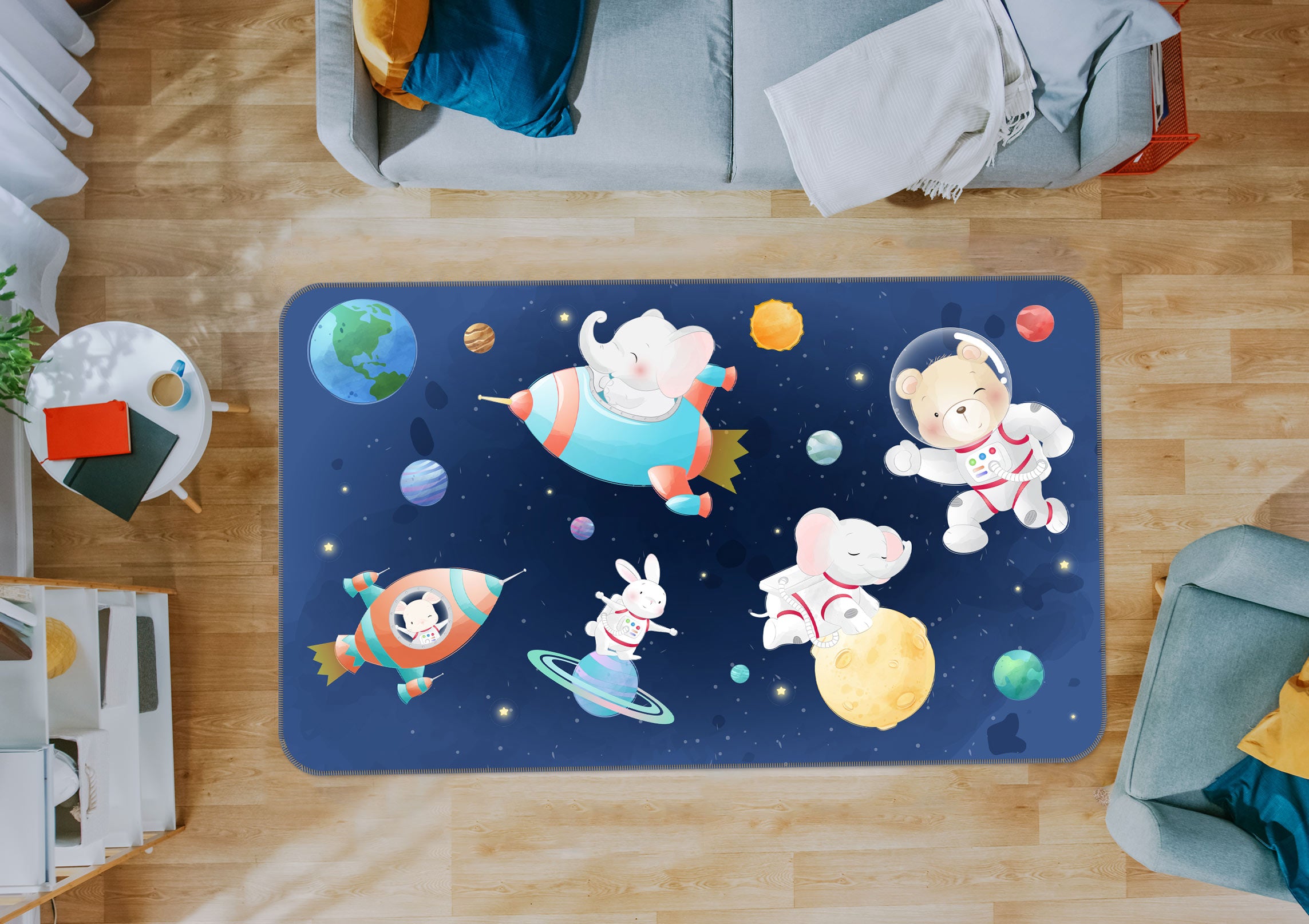 3D Cartoon Planet Rocket 30022 Non Slip Rug Mat