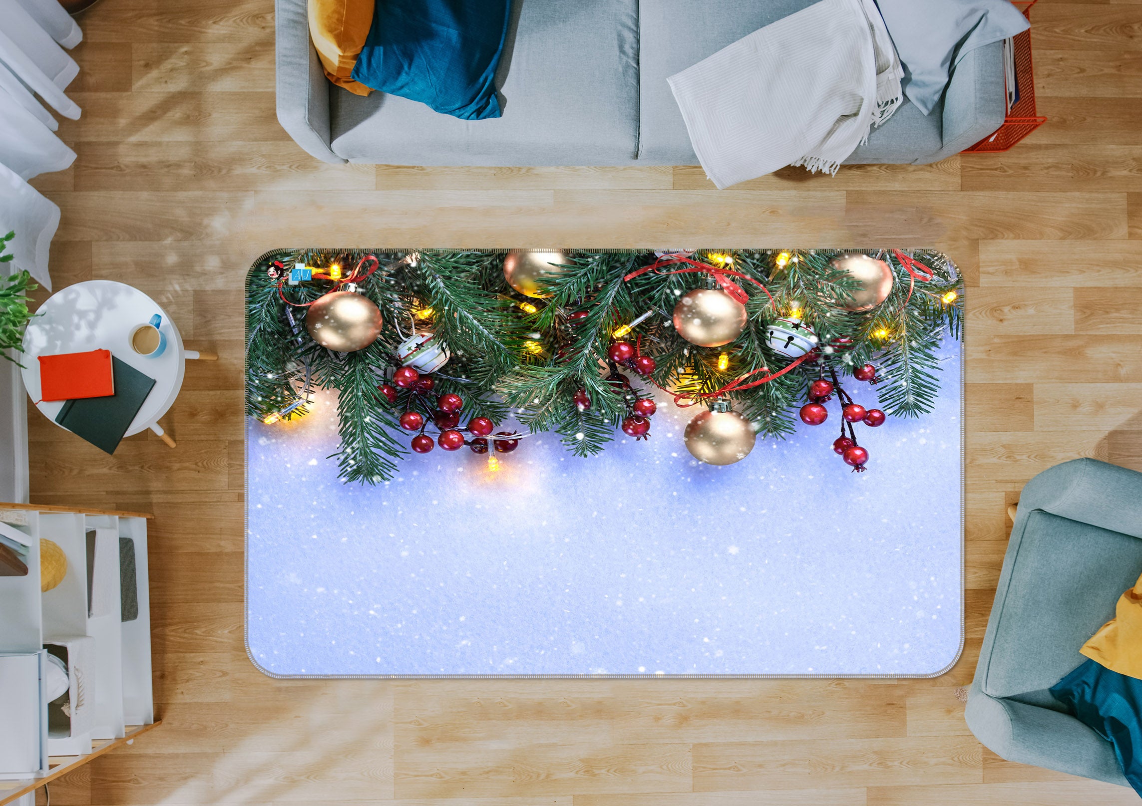 3D Branch Golden Ball Pendant 55090 Christmas Non Slip Rug Mat Xmas