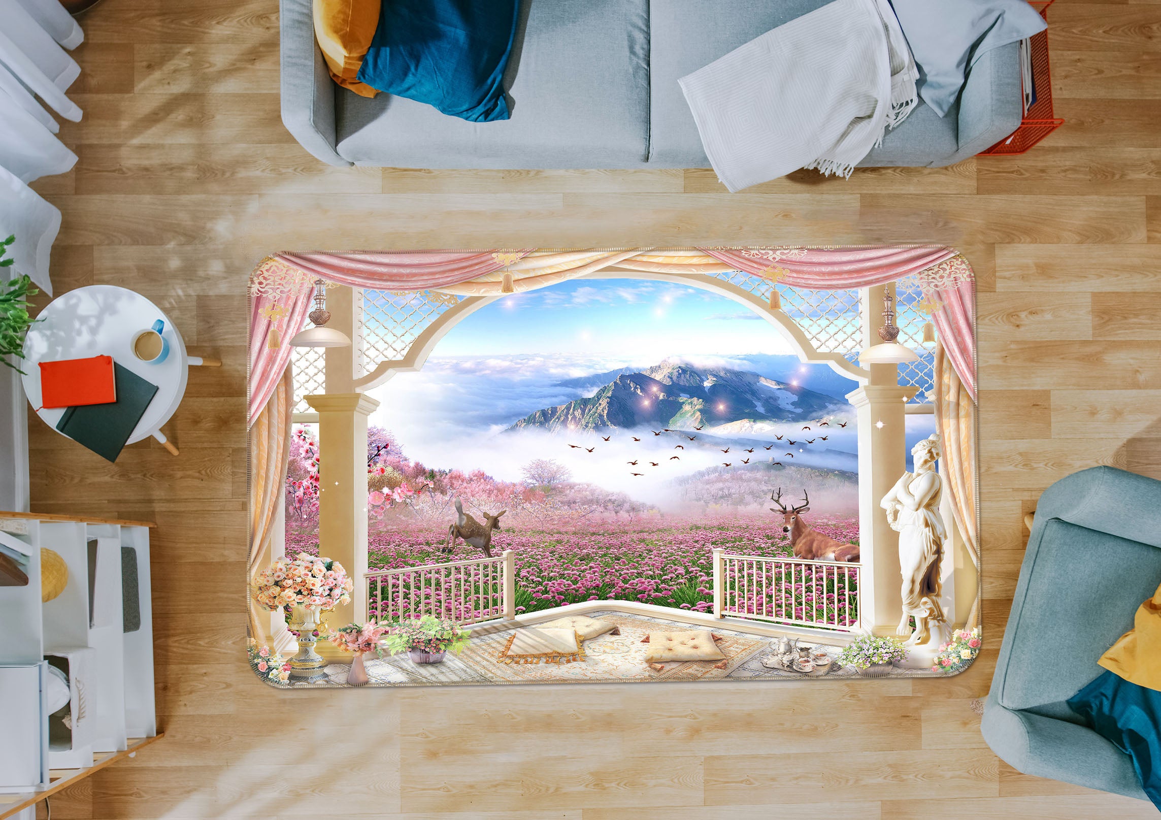 3D Flower Bush Mountain Deer 65146 Non Slip Rug Mat