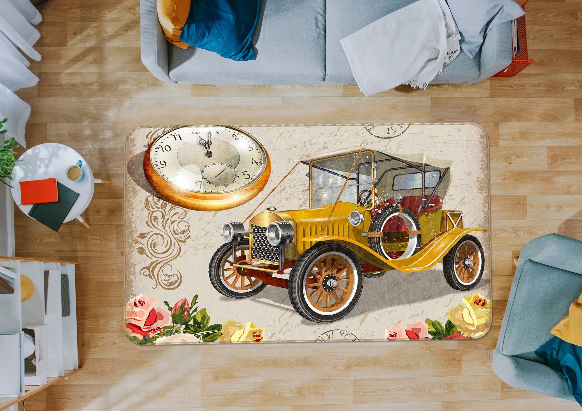 3D Yellow Clock Classic Car 68070 Vehicle Non Slip Rug Mat