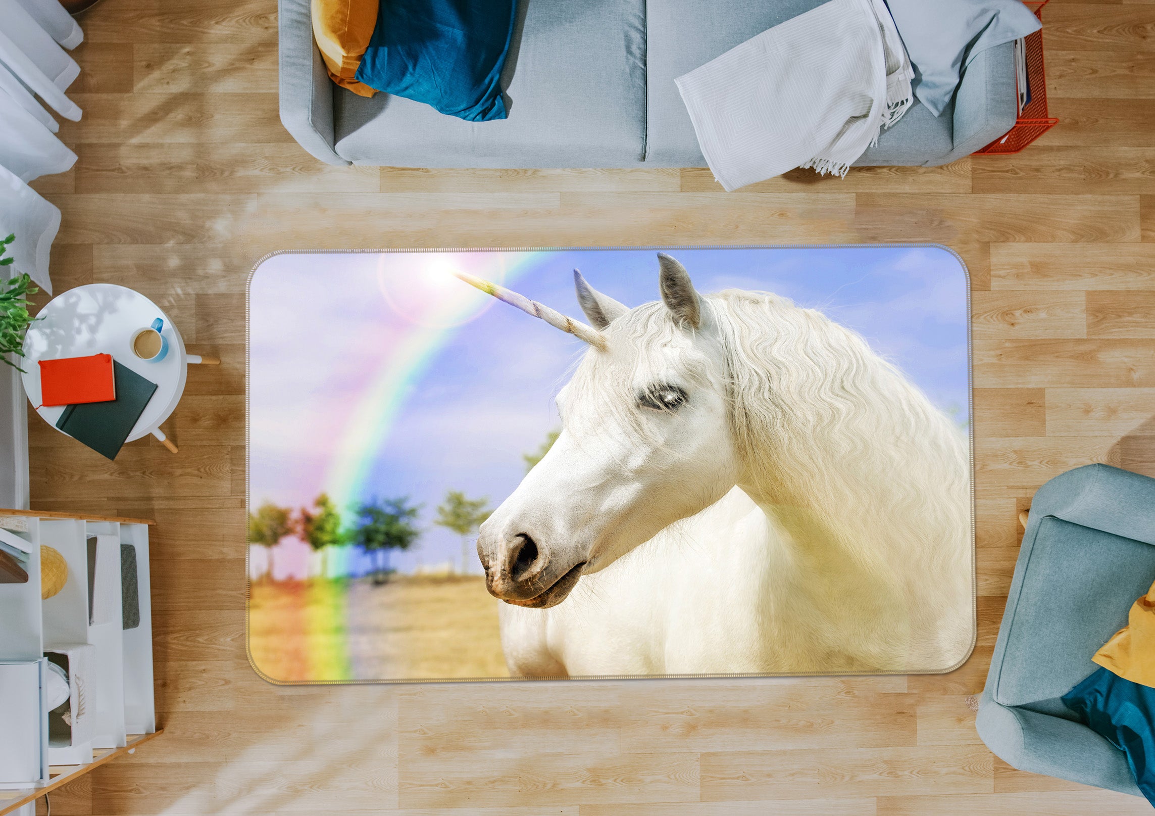 3D Rainbow Unicorn 044 Animal Non Slip Rug Mat