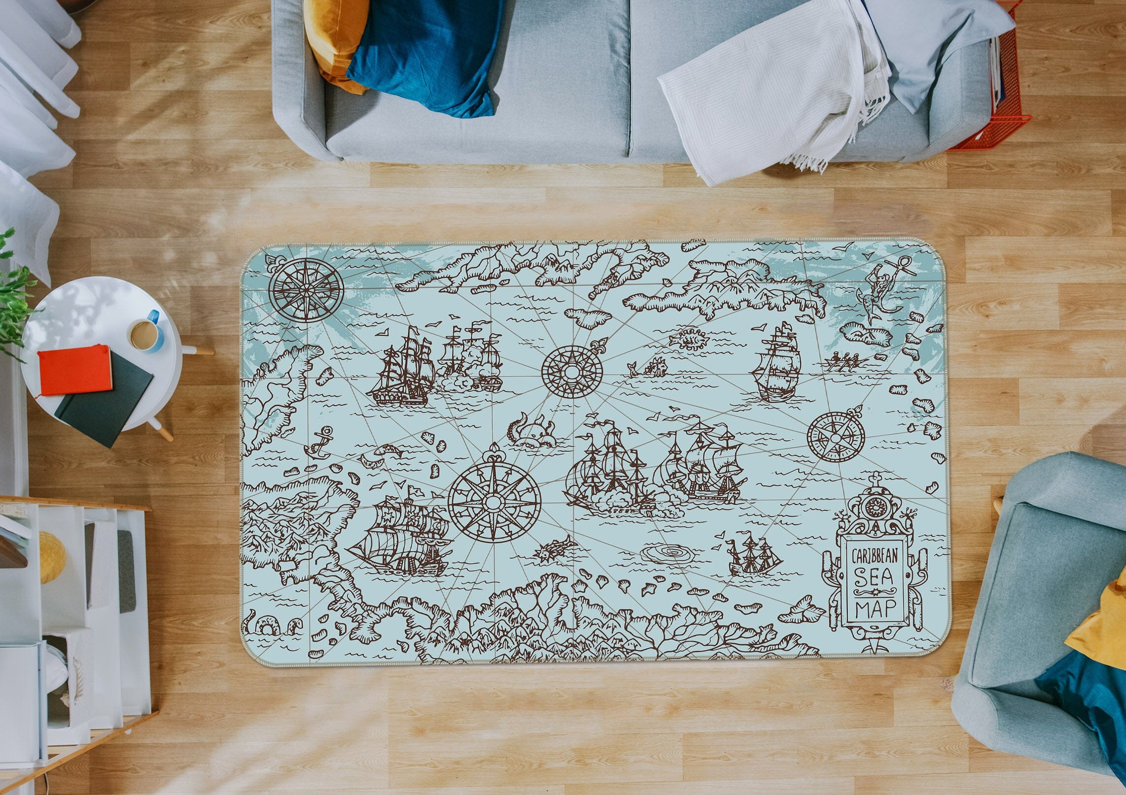 3D Sketch Boat 287 World Map Non Slip Rug Mat Mat AJ Creativity Home